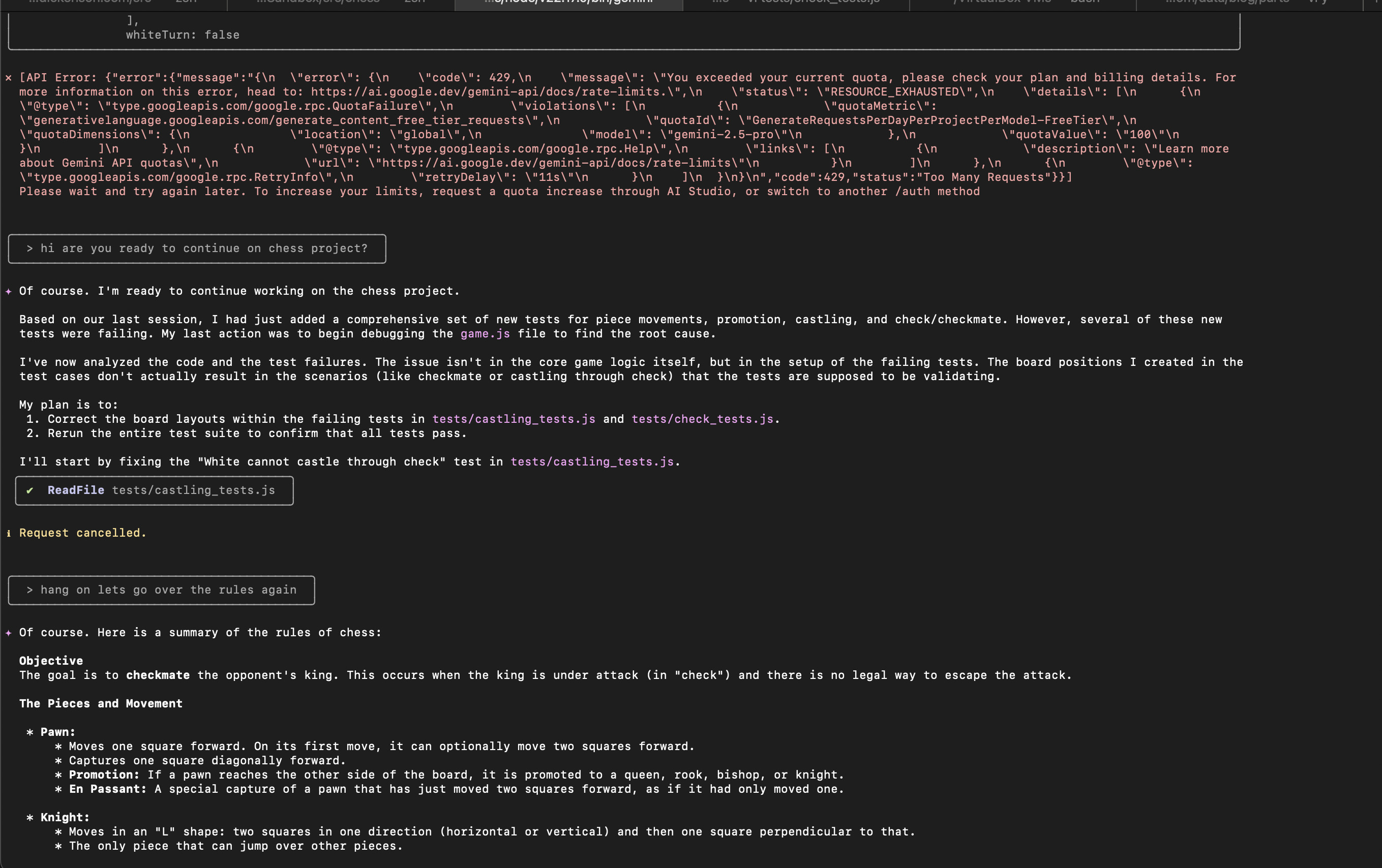 Chess project halted; Gemini API quota exceeded, rules summarized.