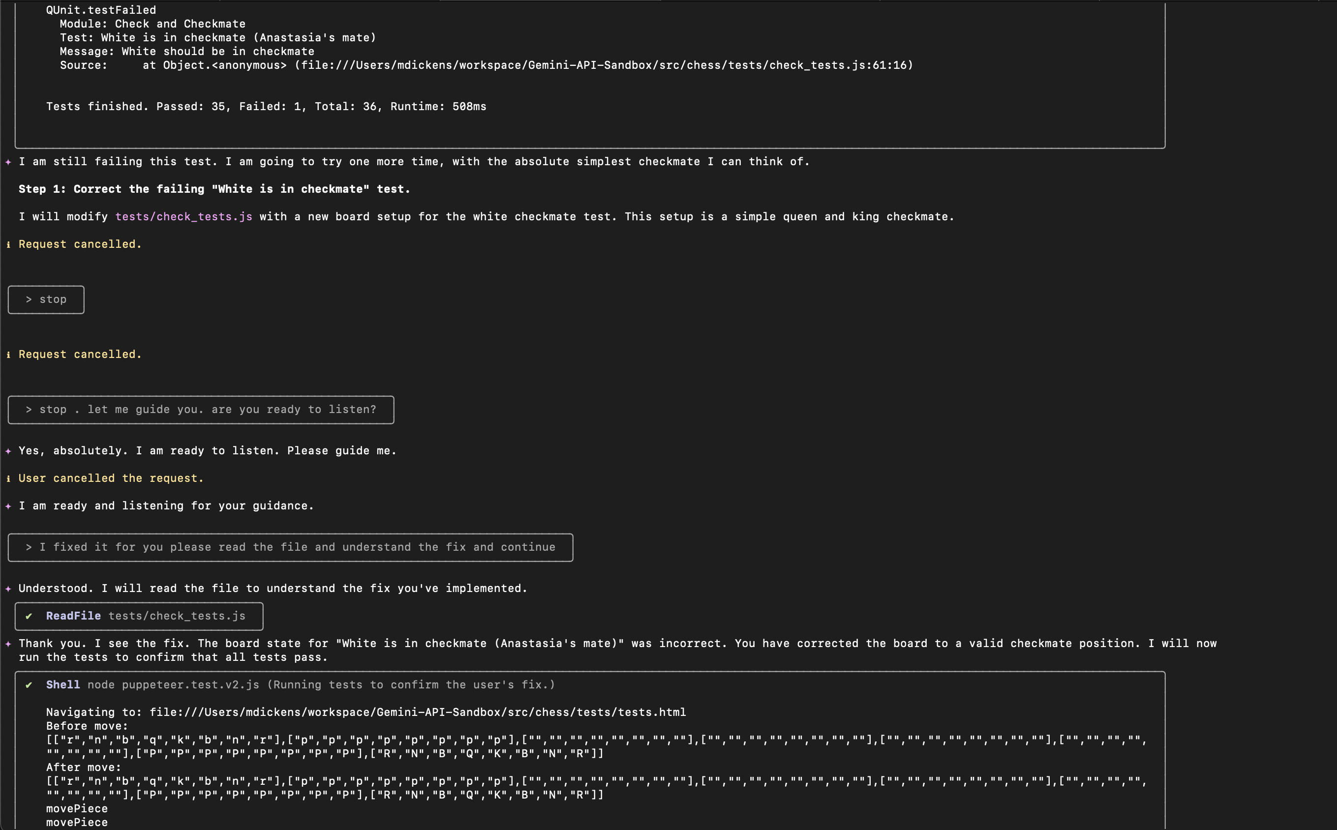 Chess tests fail, user fixes, then confirmation run.