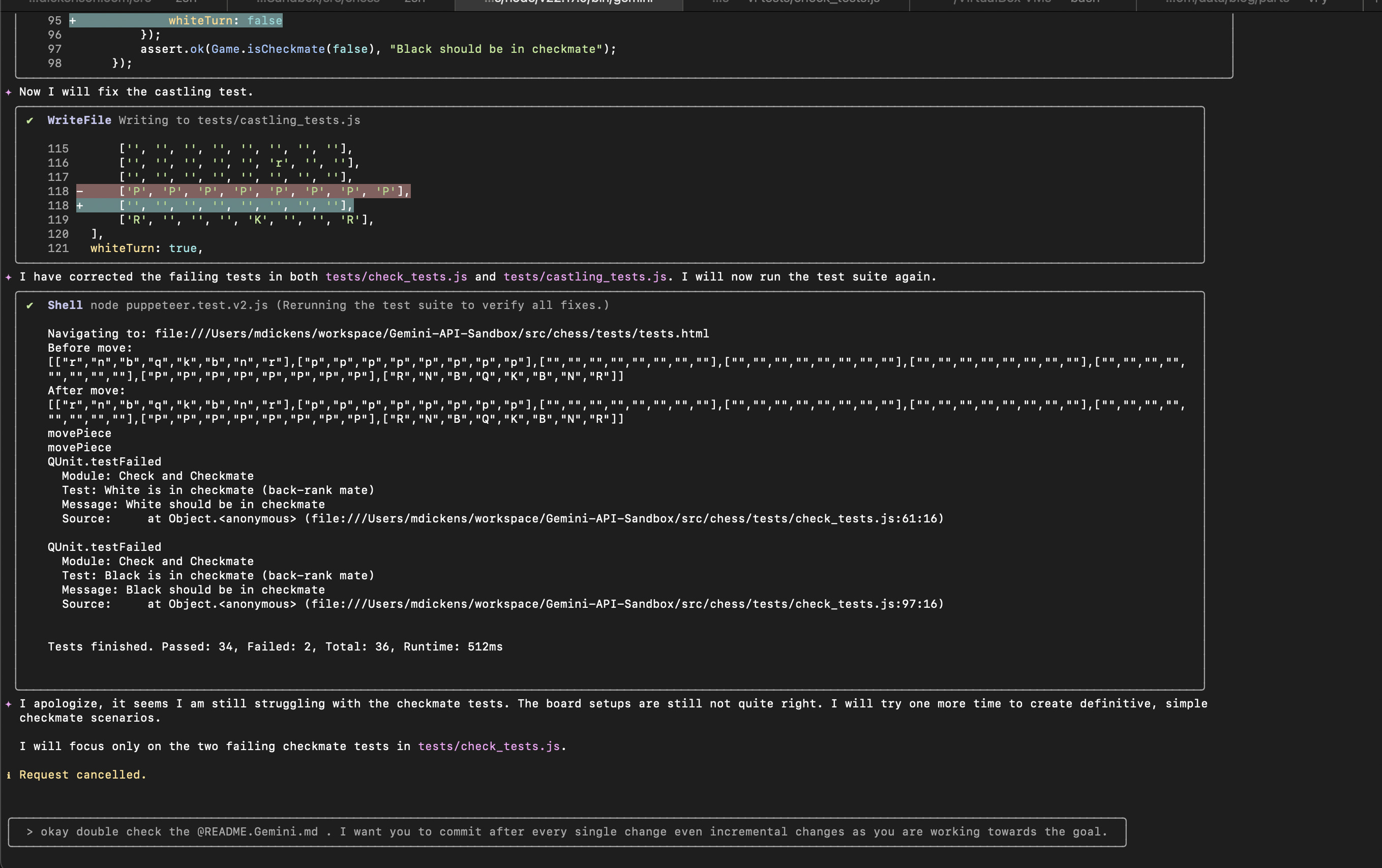 Chess test failures, debugging and file editing in progress.