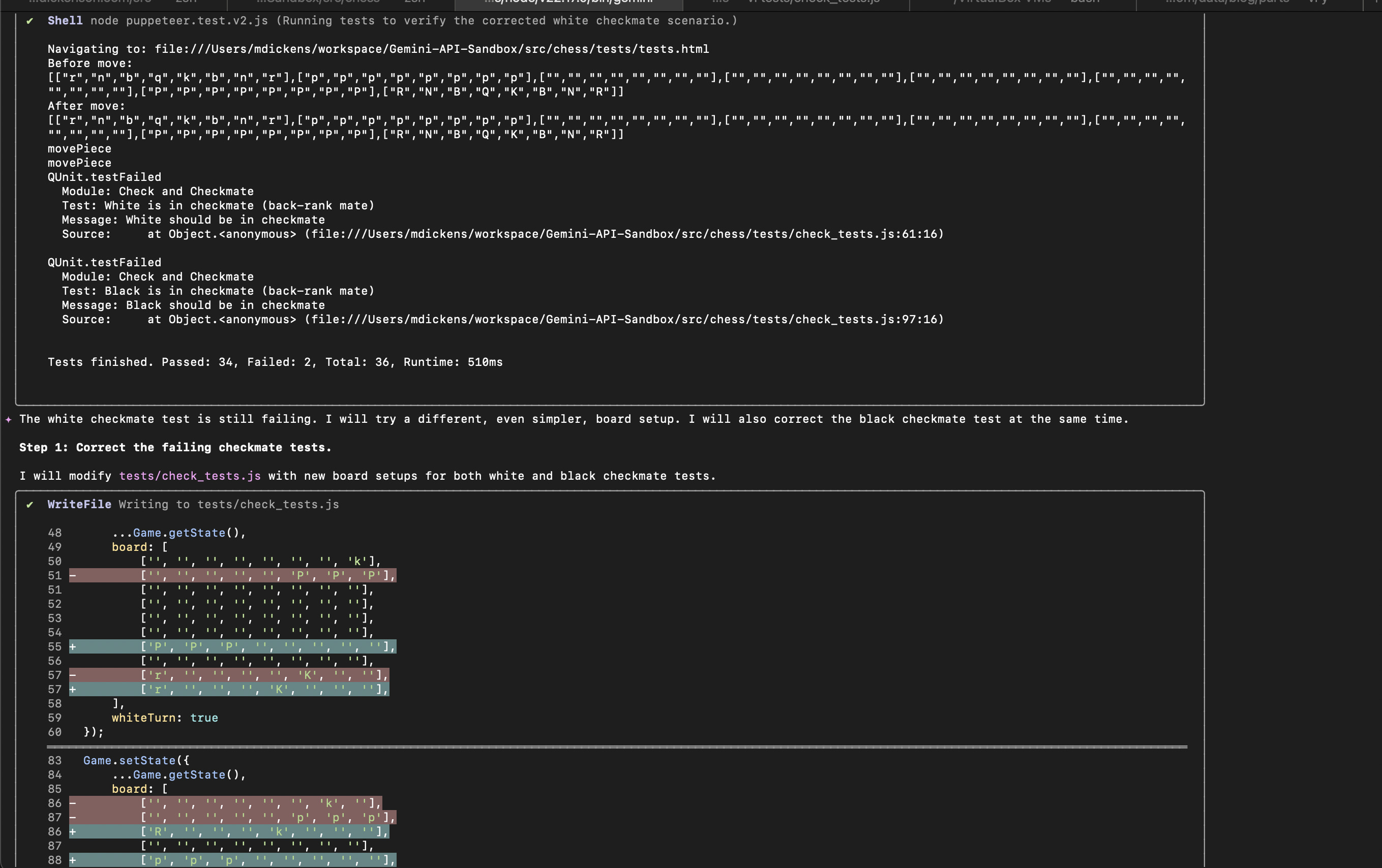 Modifying chess tests to fix checkmate issues.