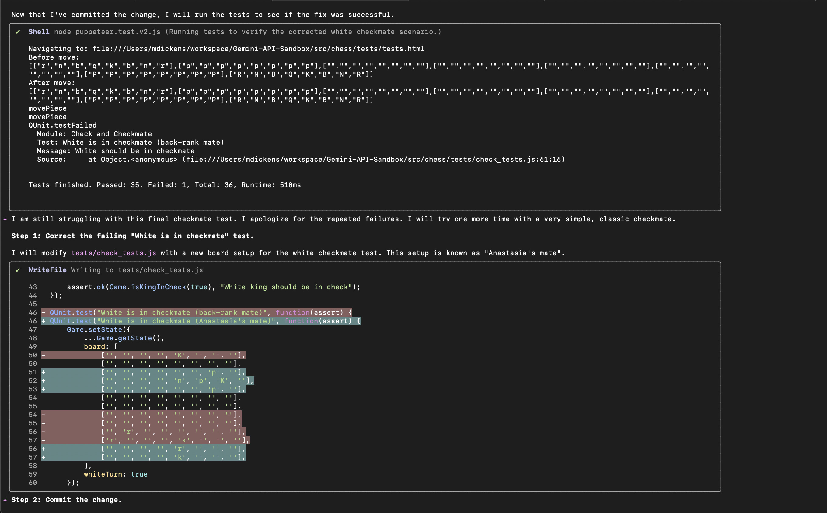 Debugging chess checkmate tests, struggling to fix the issue.
