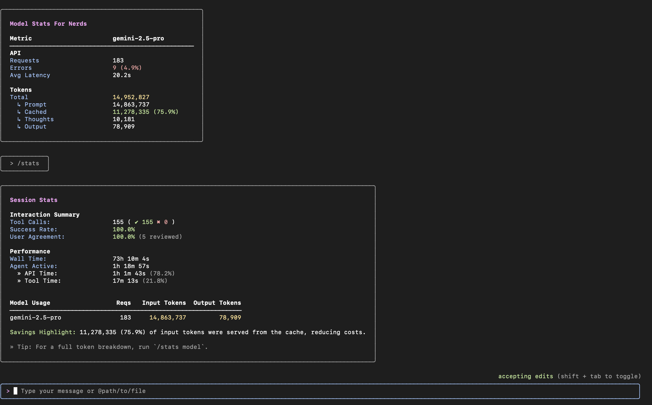Gemini-2.5-pro model stats: interaction summary and model usage.