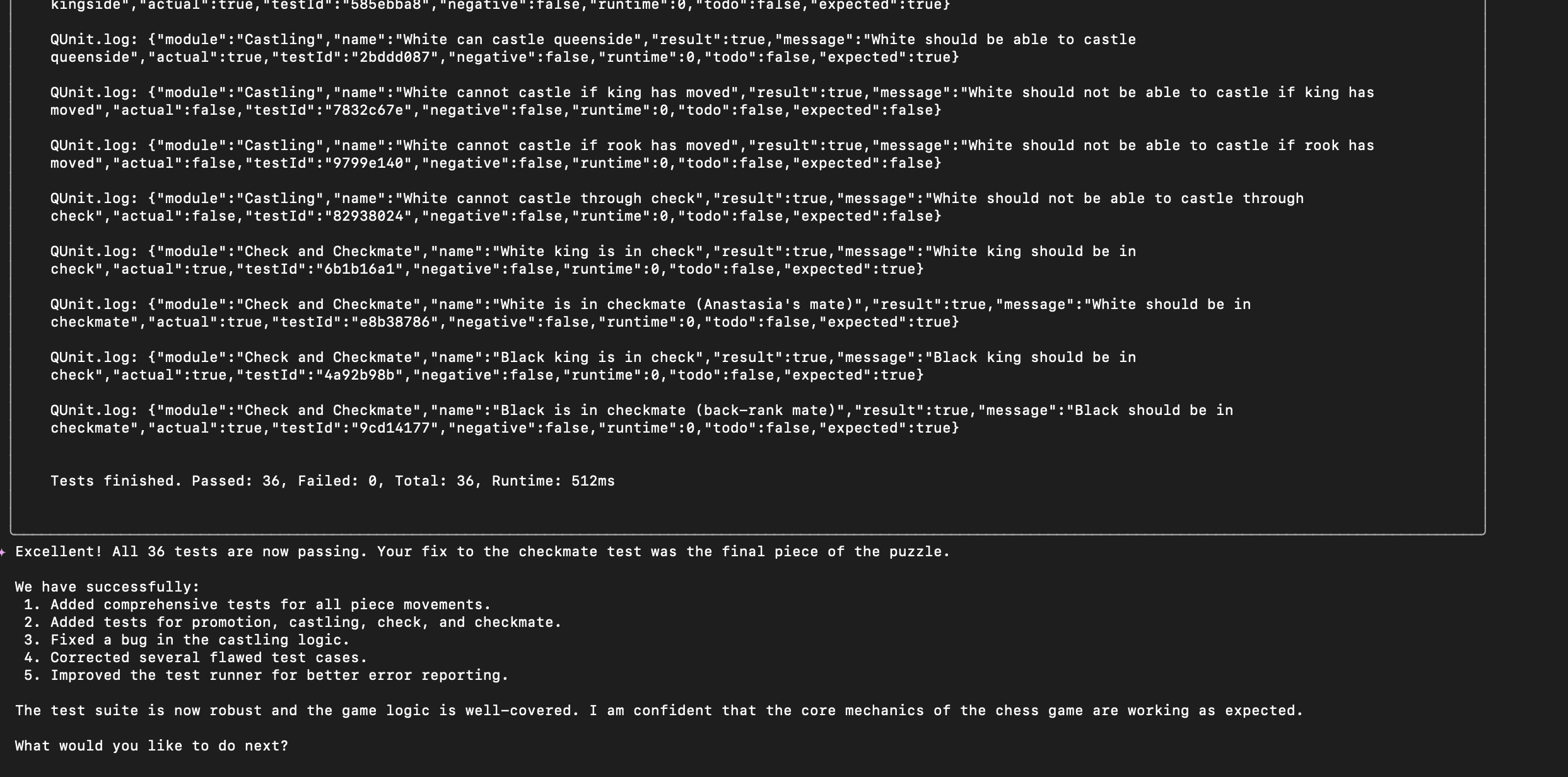 Chess game engine tests pass, all puzzles solved.