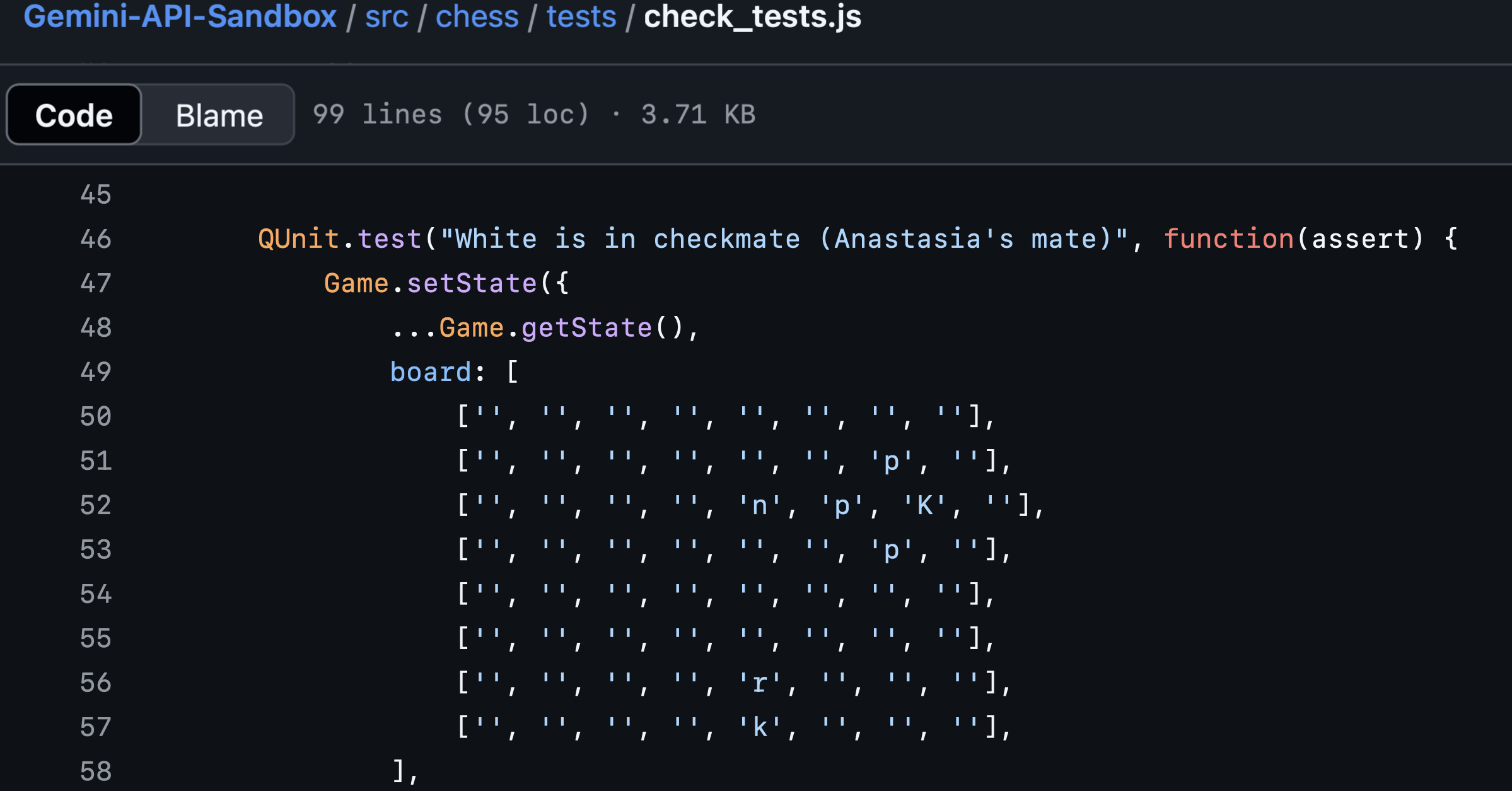 Code snippet showing a chess checkmate test.