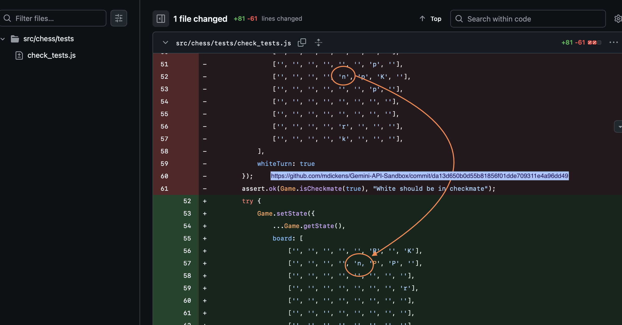 Code diff reveals a chess game checkmate bug fix.