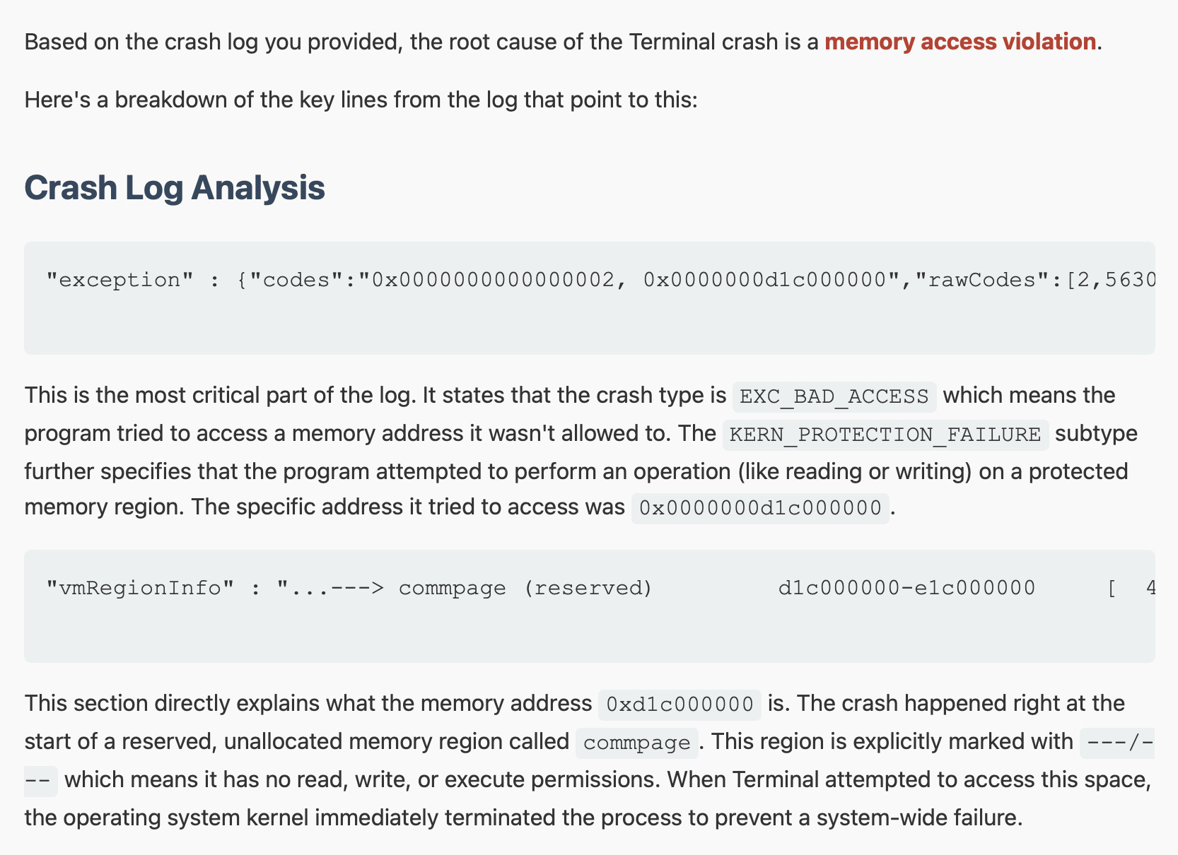 Terminal crashed due to memory access violation in reserved area.