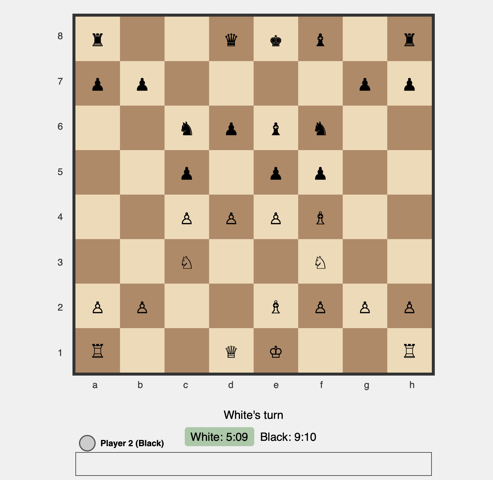 Chessboard mid-game, White's turn, strategic complexity displayed.