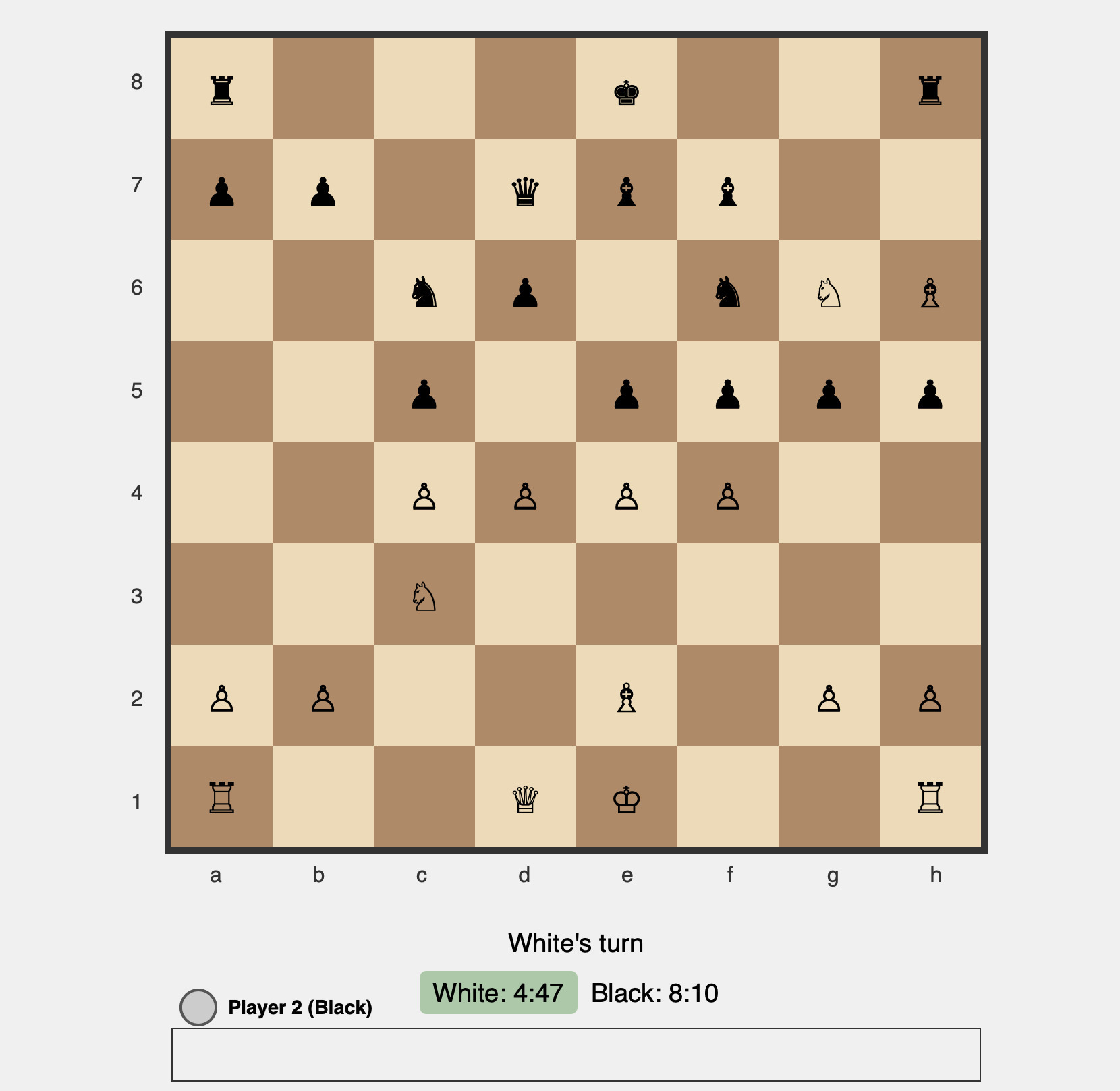 Black's turn. Chess match with black and white pieces.