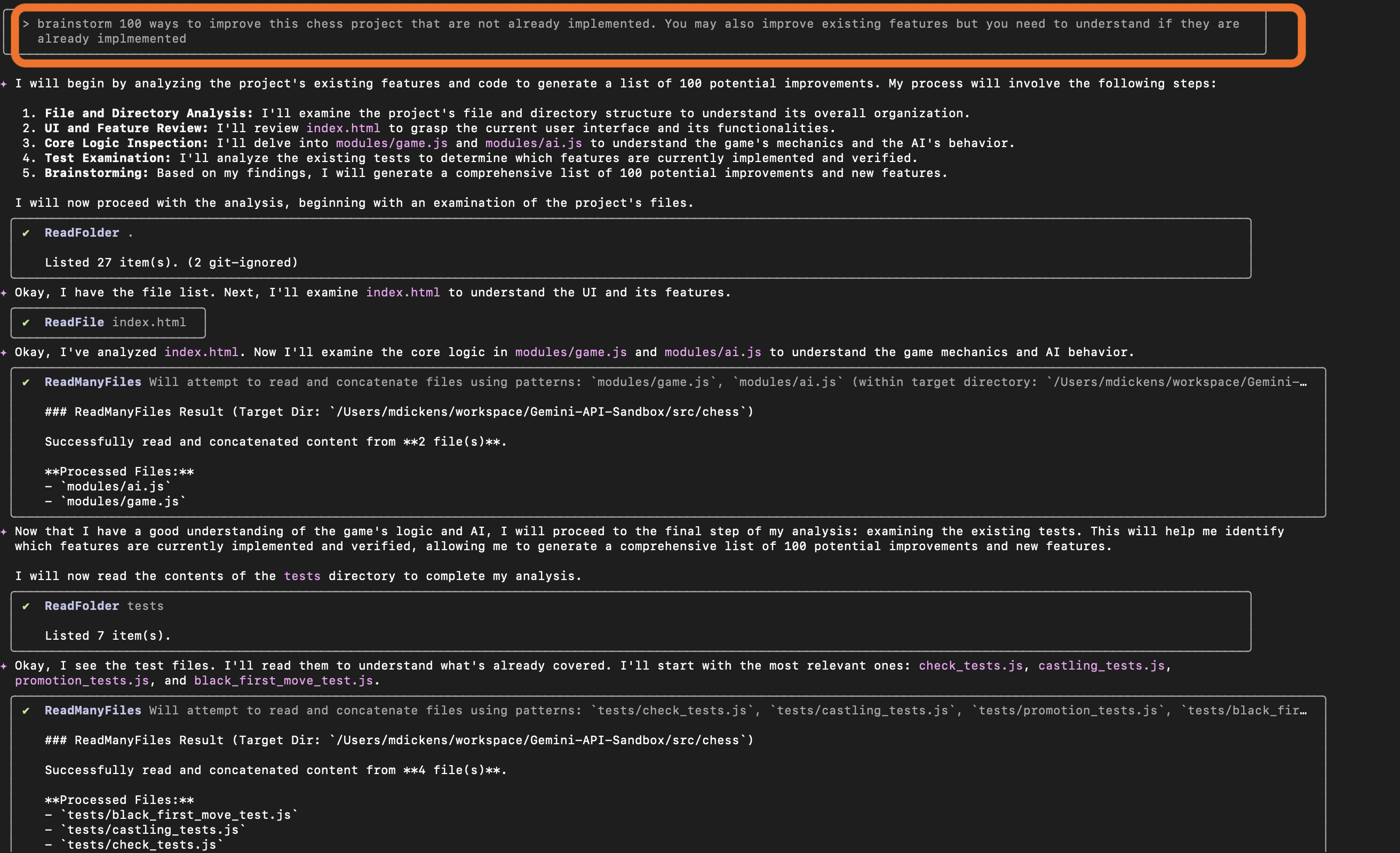 AI analyzes chess project for improvements and new features.