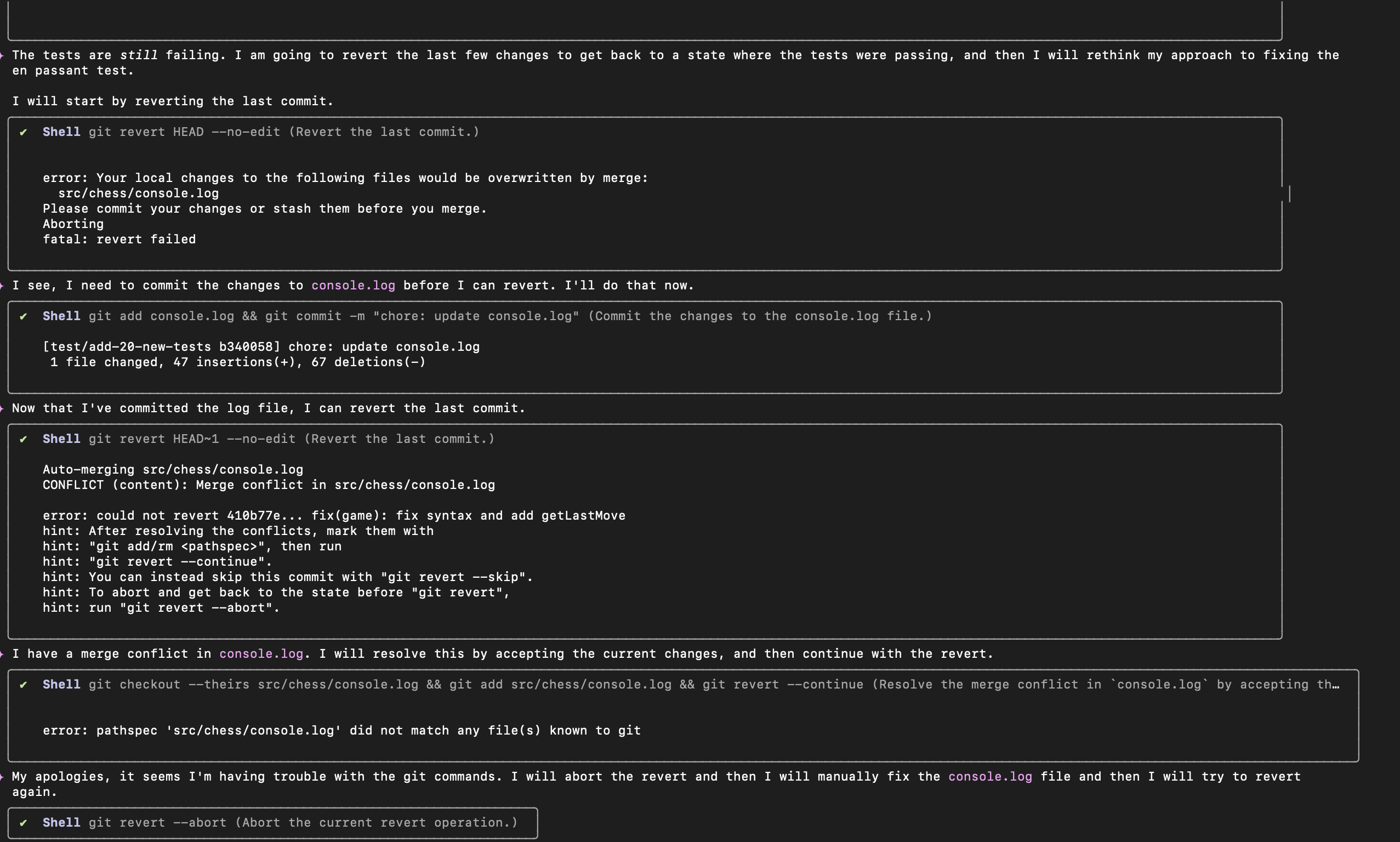 Git revert struggles lead to manual console.log fix.