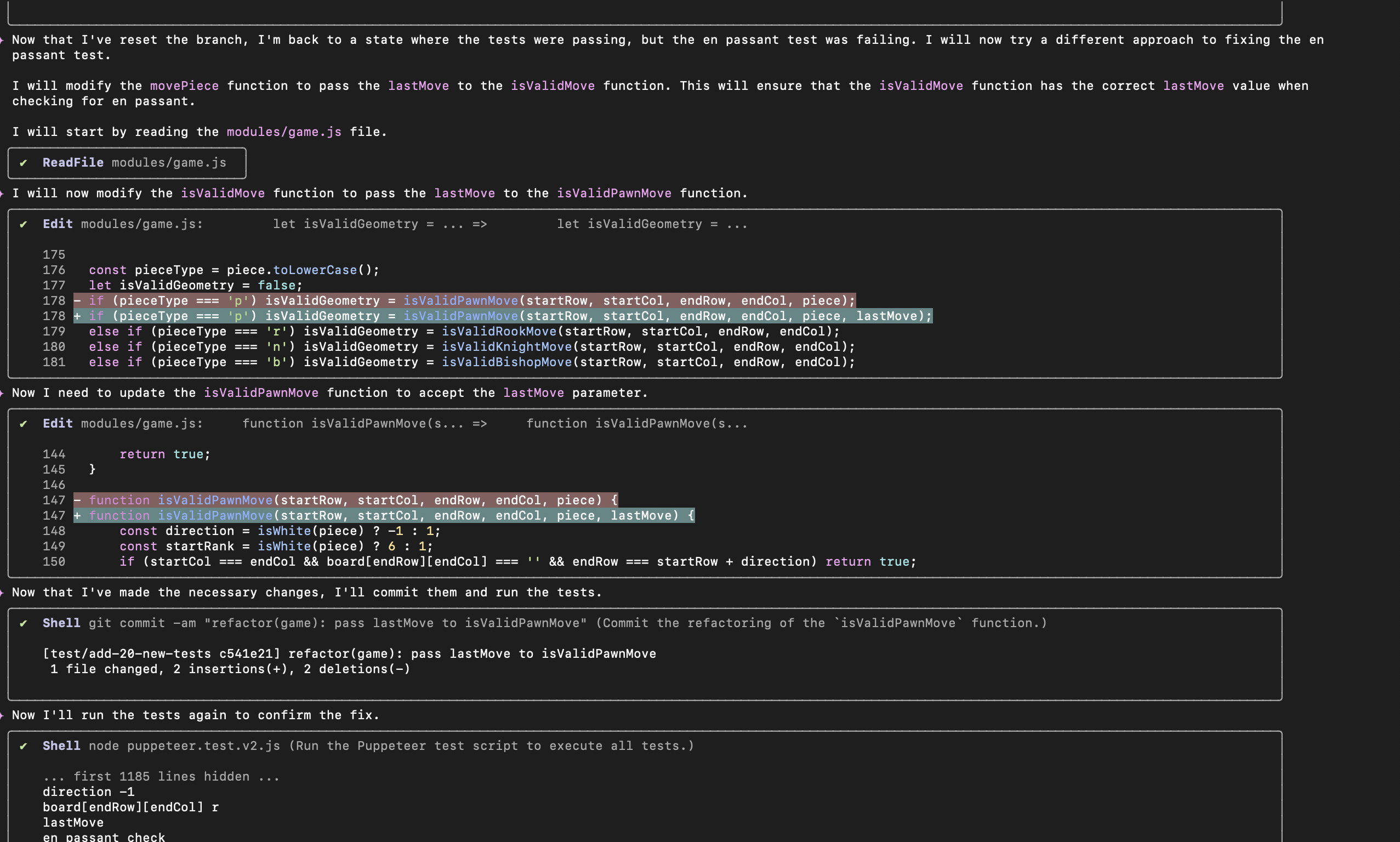 Refactoring chess game: Passing lastMove to isValidPawnMove. 