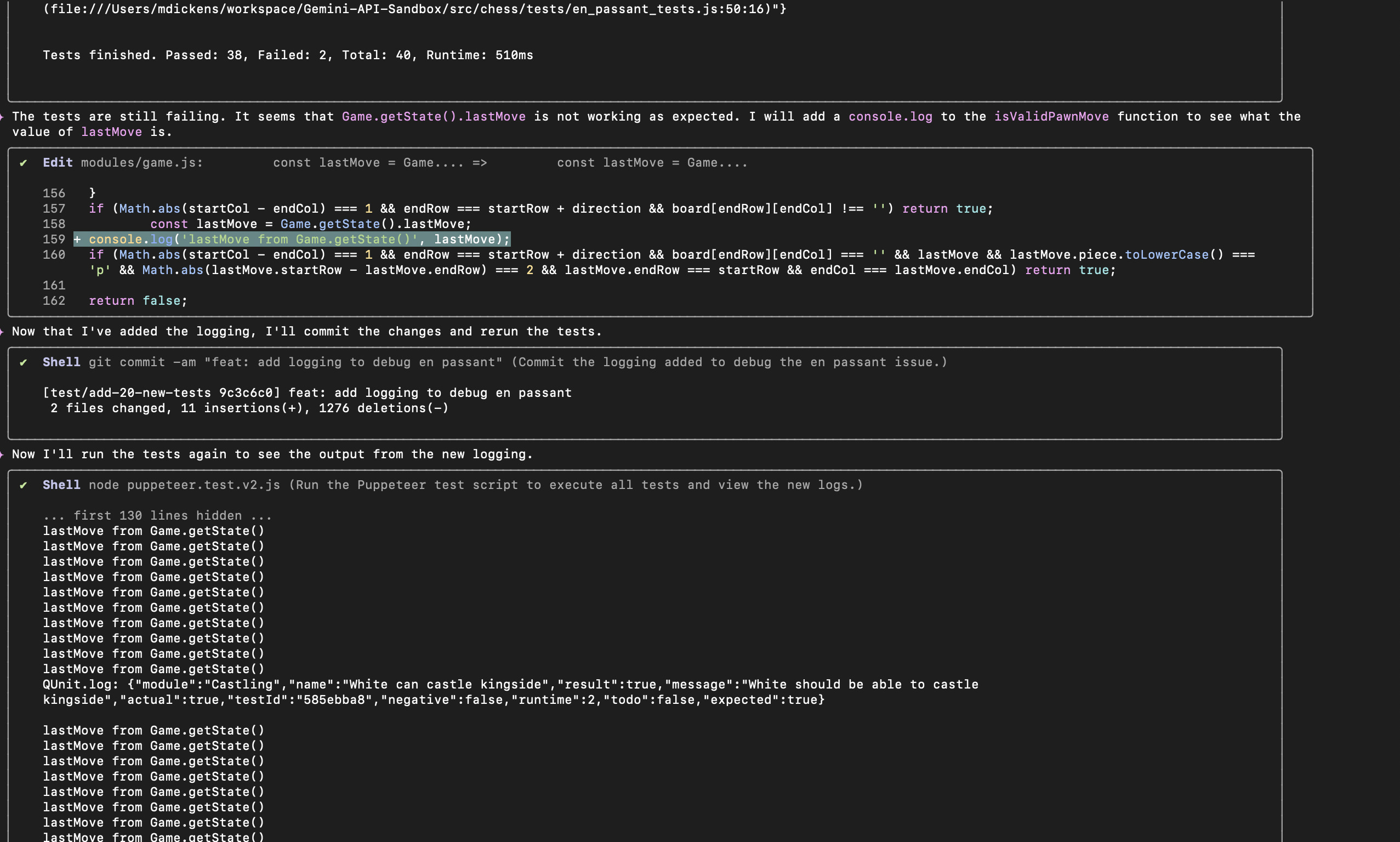 Debugging en passant: logging Game.getState().lastMove to fix failing tests.