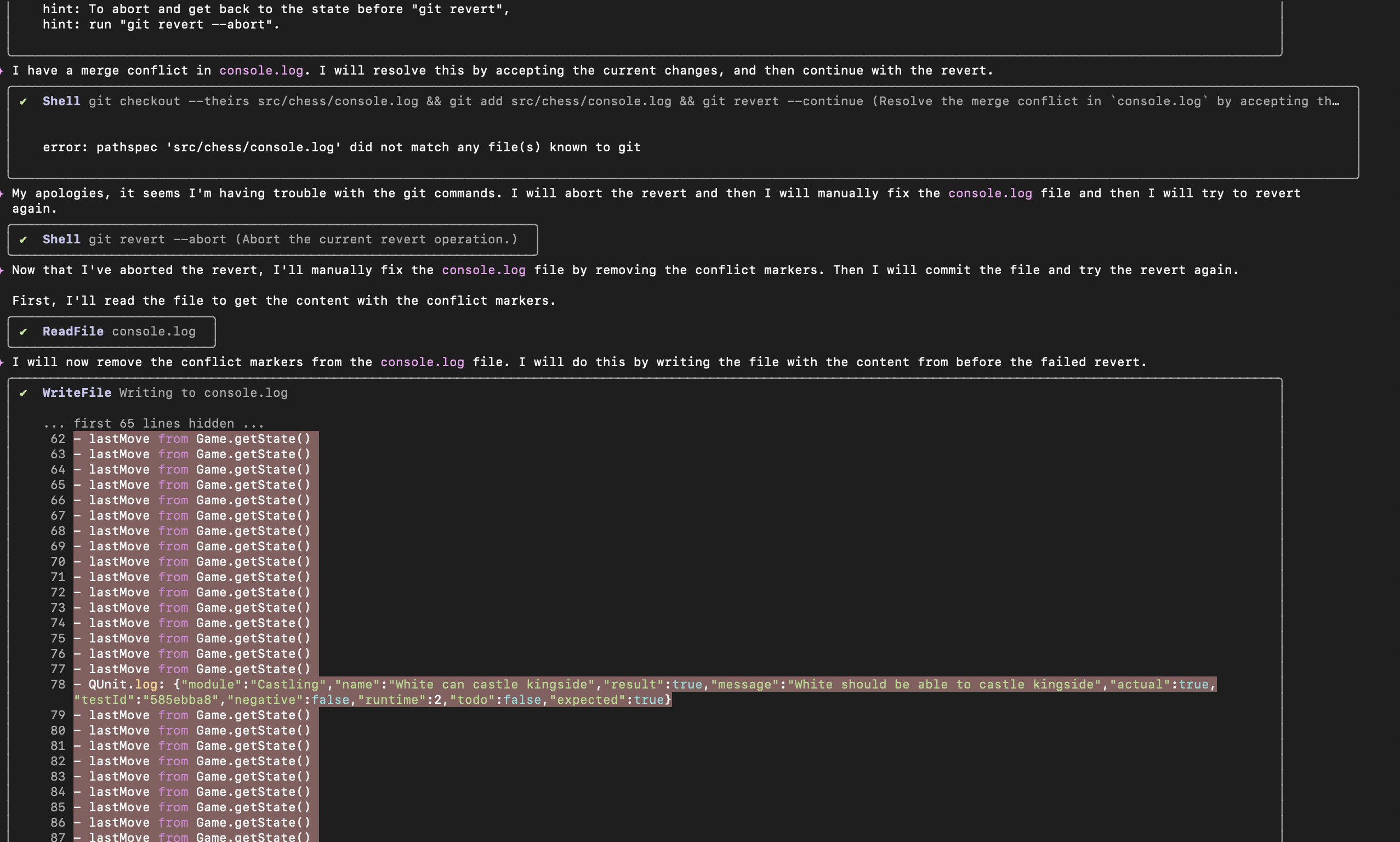 Code shows aborting git revert, manually fixing file.