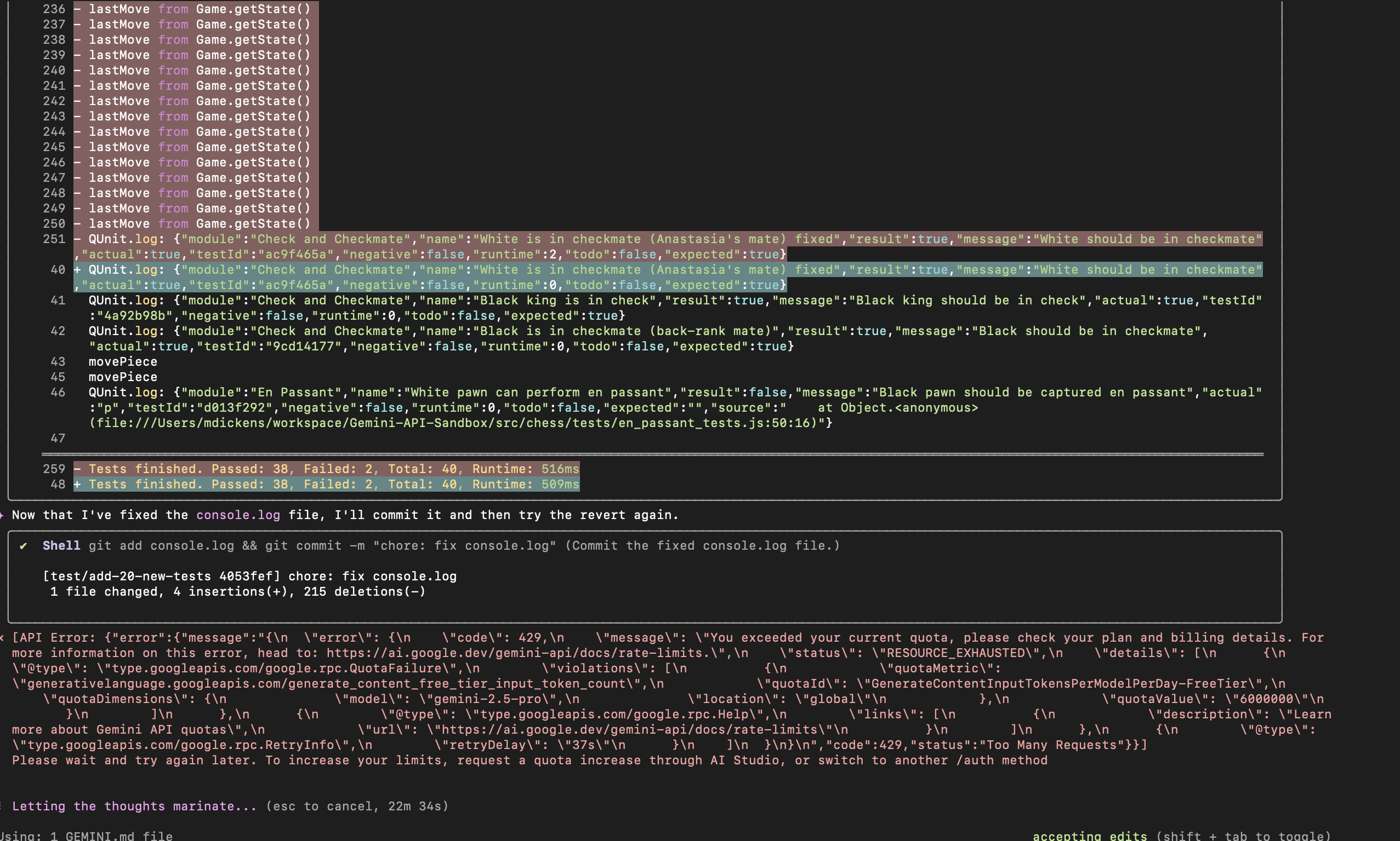 Gemini API quota exceeded, edits committed. Waiting, limits increasing.