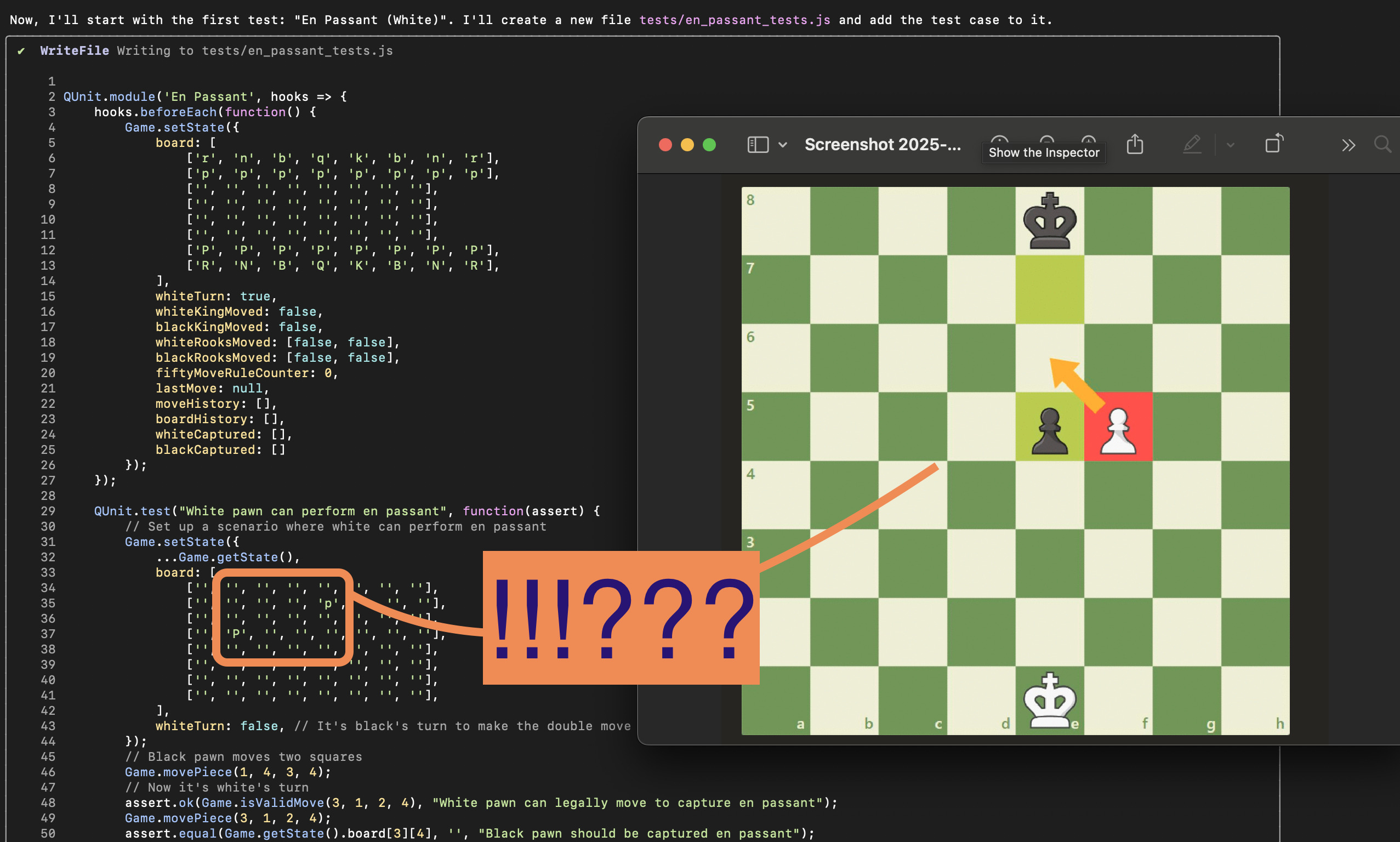 En passant test case code and chess diagram.