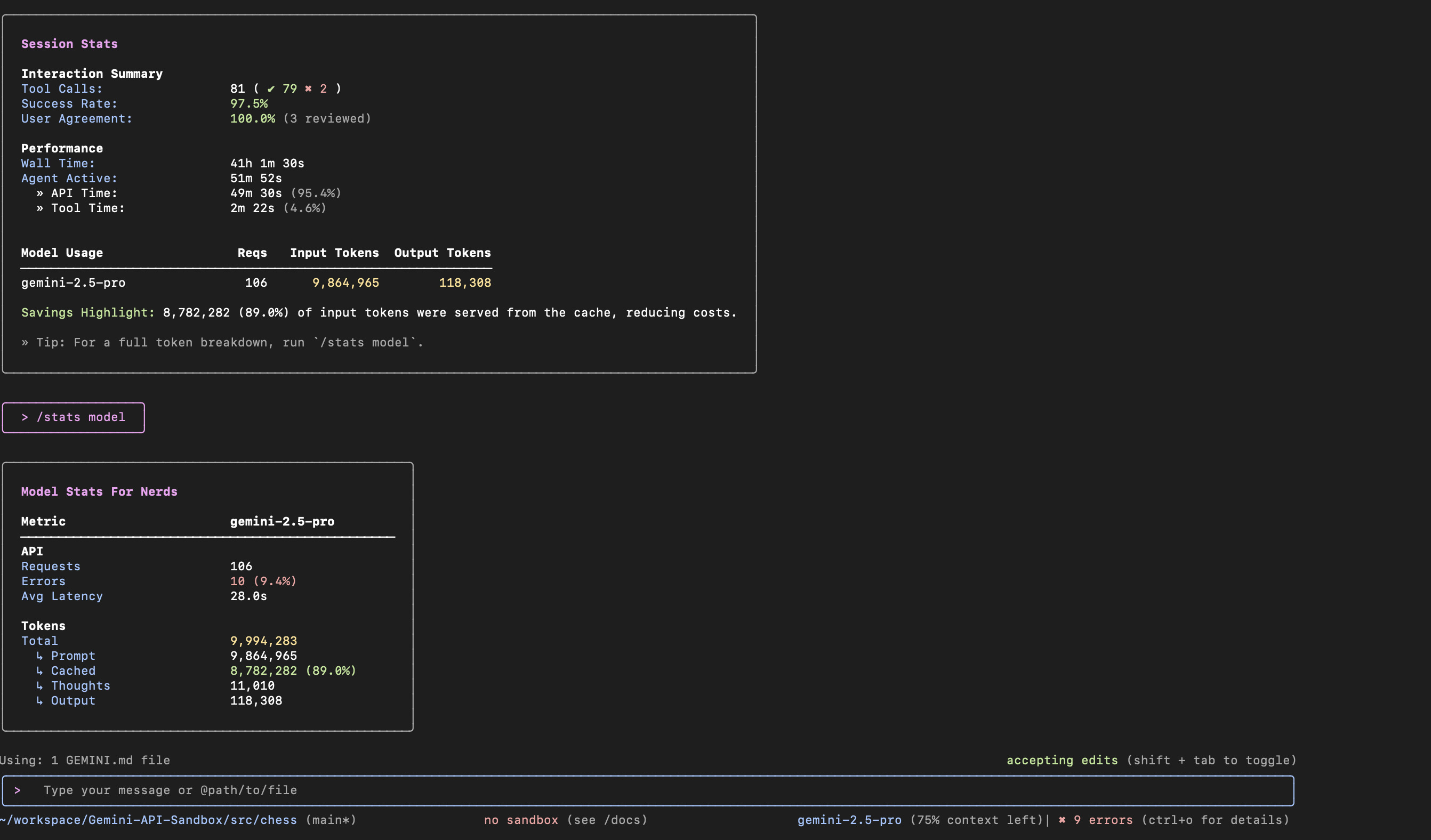 Gemini-2.5-pro model stats: high success, significant token caching.
