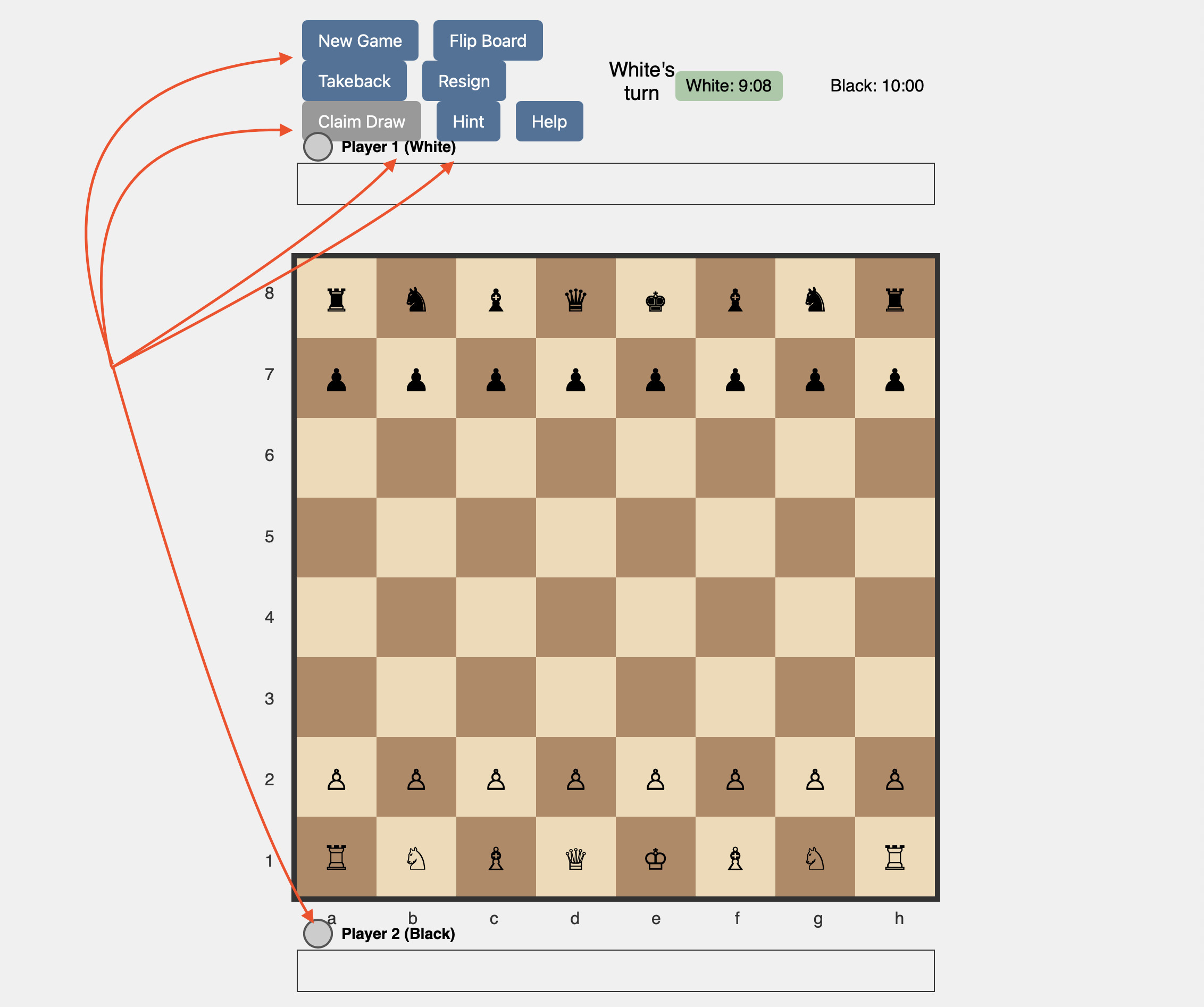 Chess game interface with turn-based gameplay and timer.