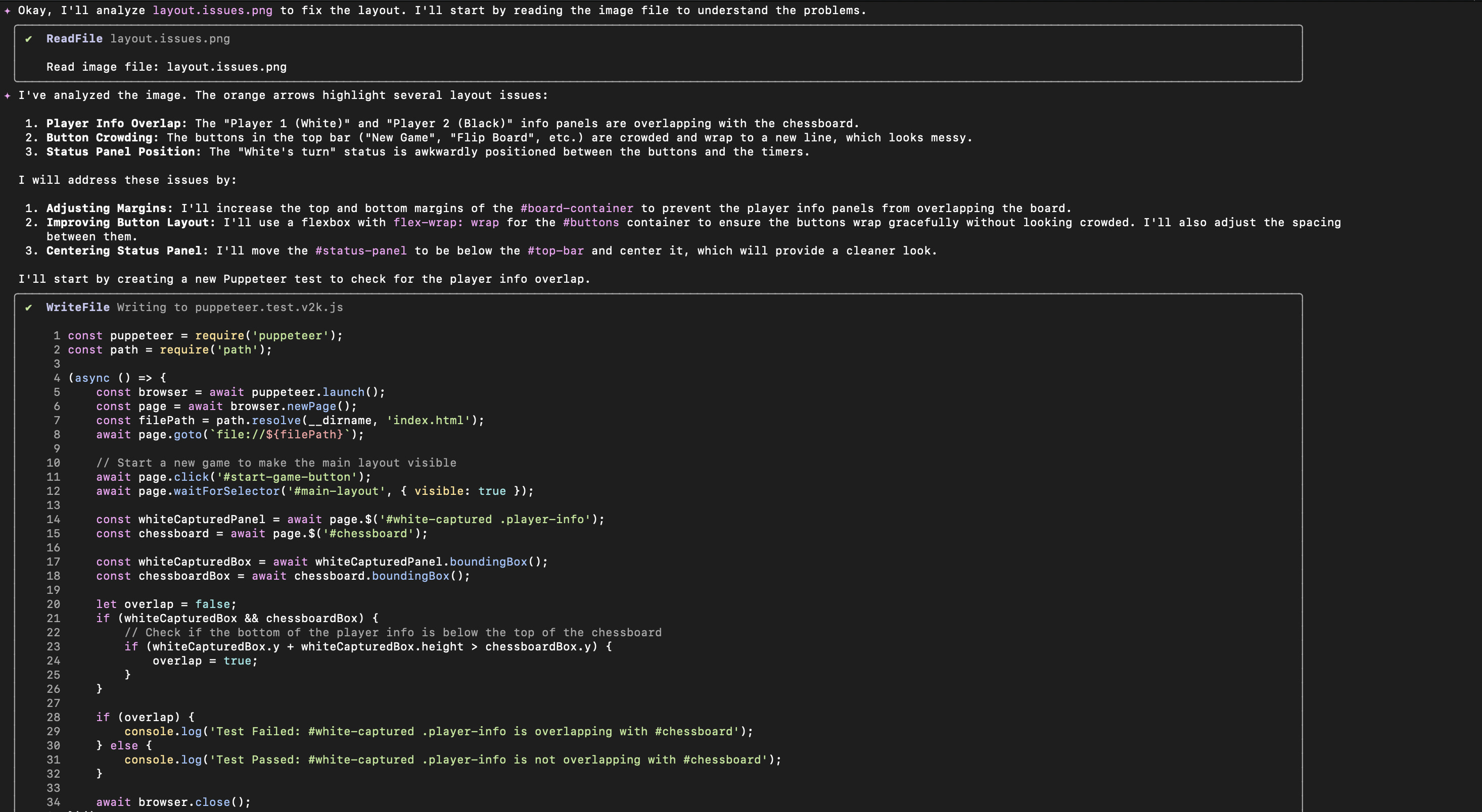 Puppeteer test for layout issues, validating overlap of elements.