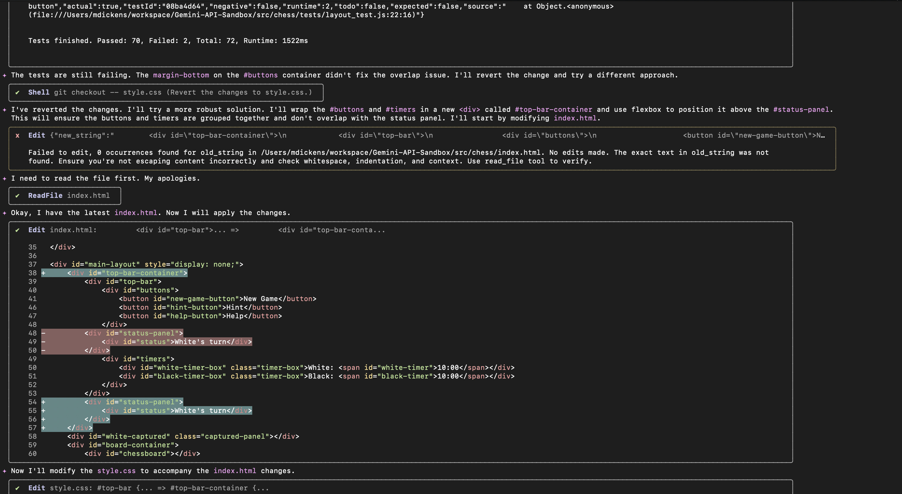 Debugging chess game layout with HTML and CSS changes.
