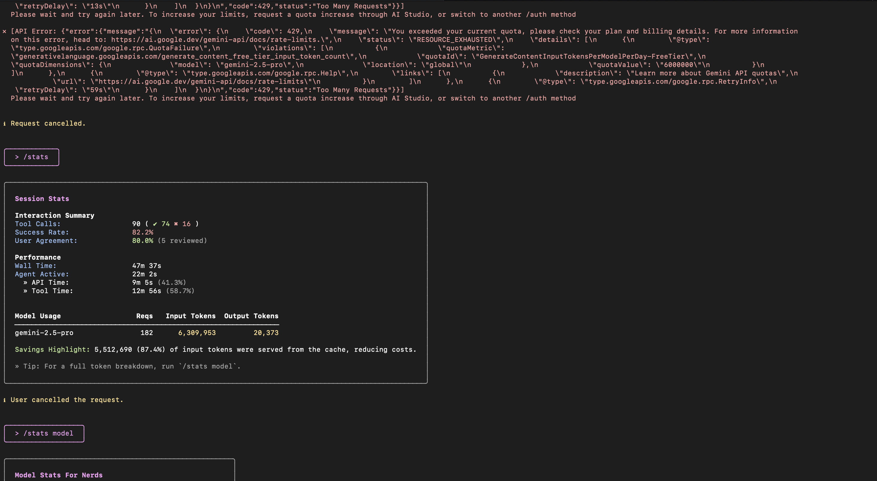 Gemini API quota exceeded; user cancelled request, viewed model stats.