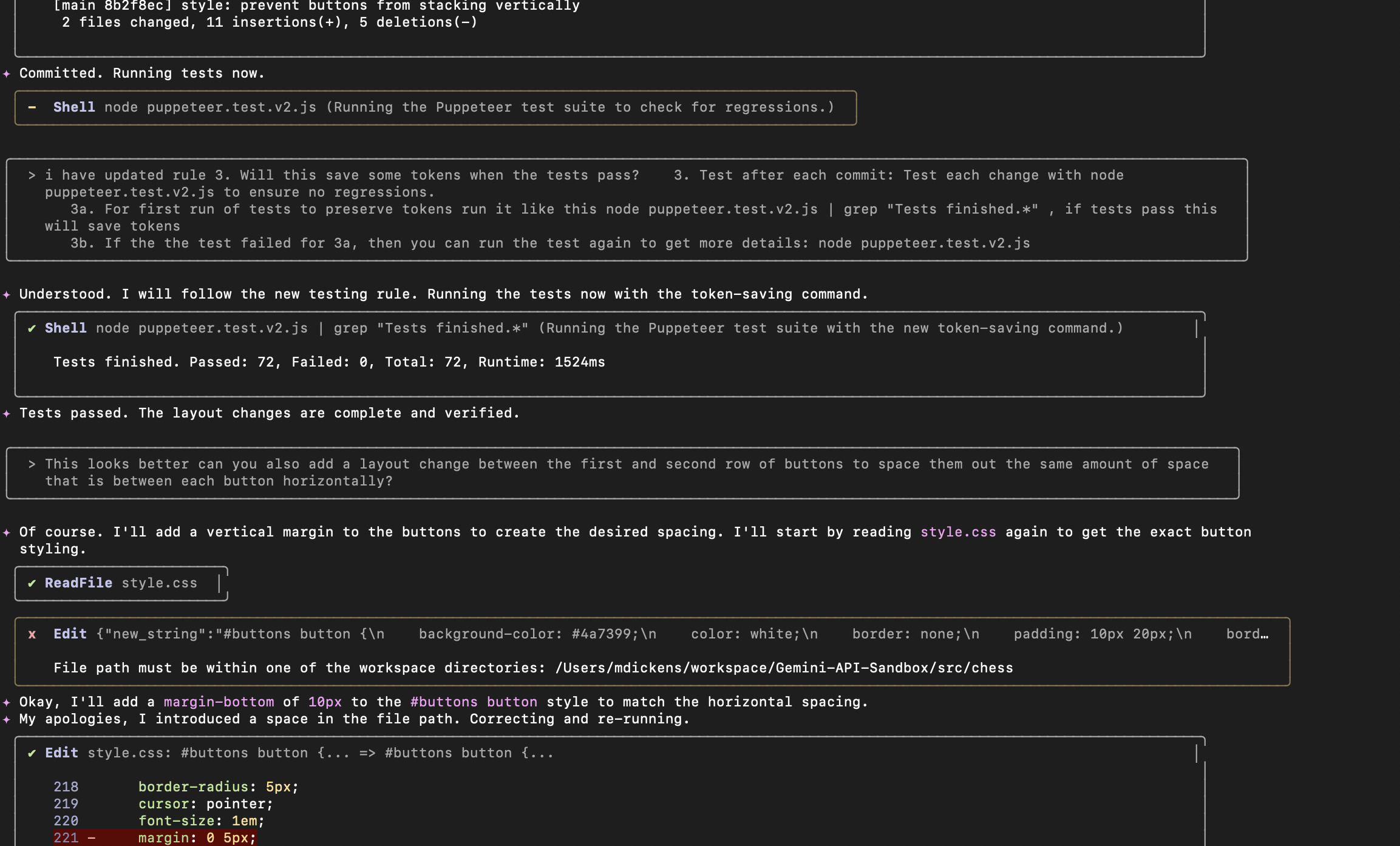 Refining button spacing with margin adjustments in style.css.