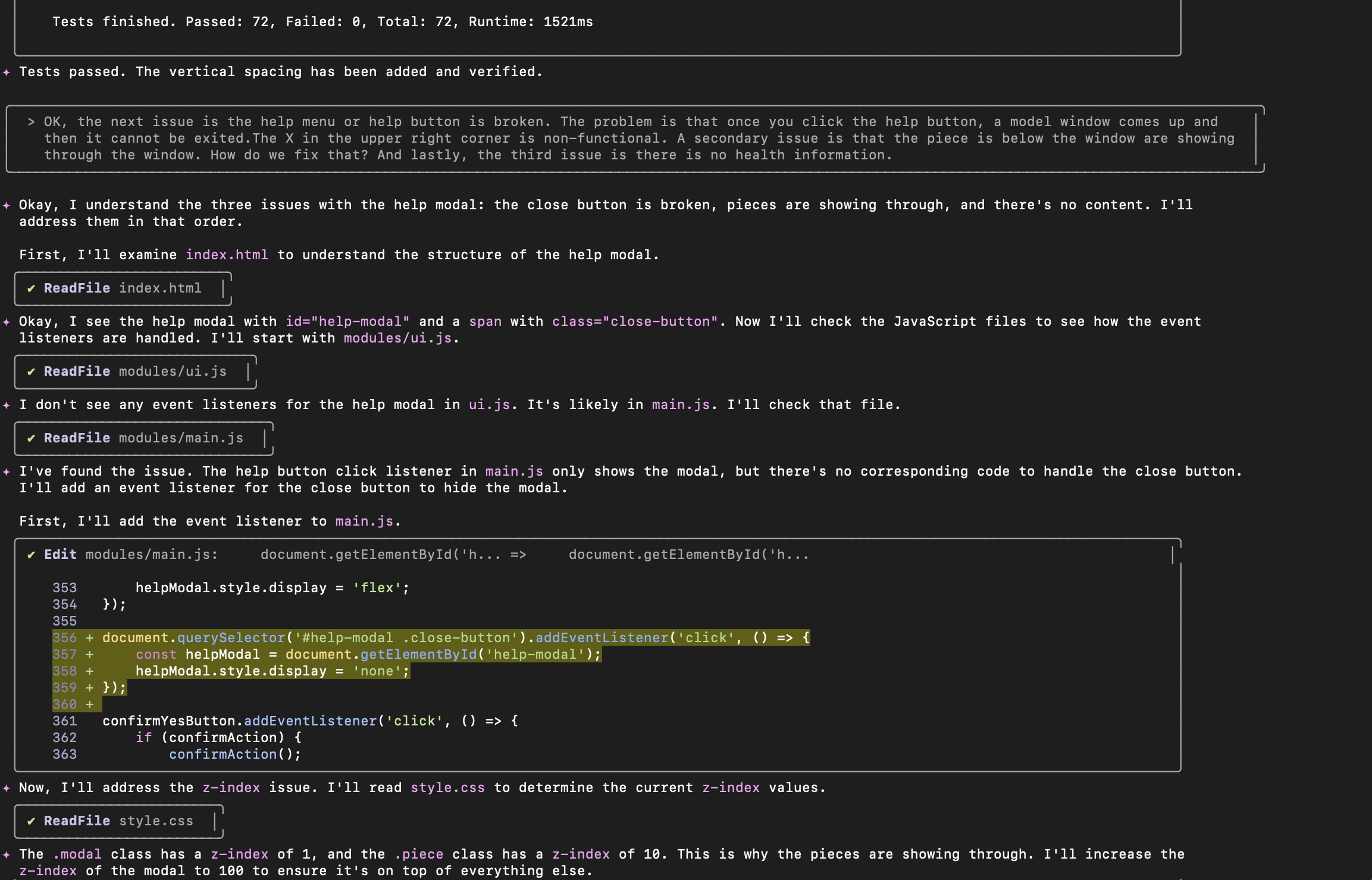 Debugging help modal issues: event listeners and z-index fixes.