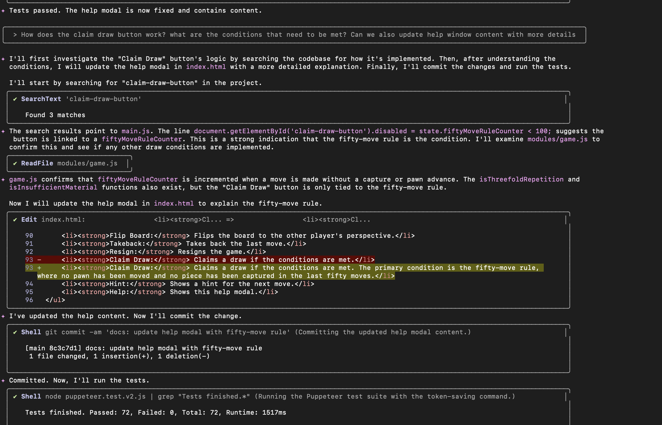Debugging and updating chess game's claim draw button.