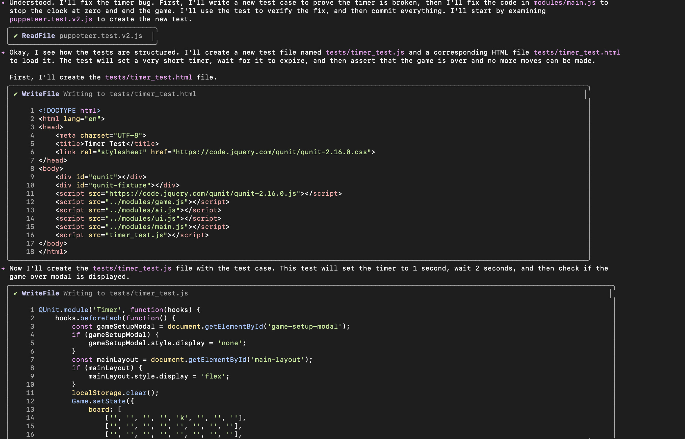 Code snippets showing HTML and Javascript test files.