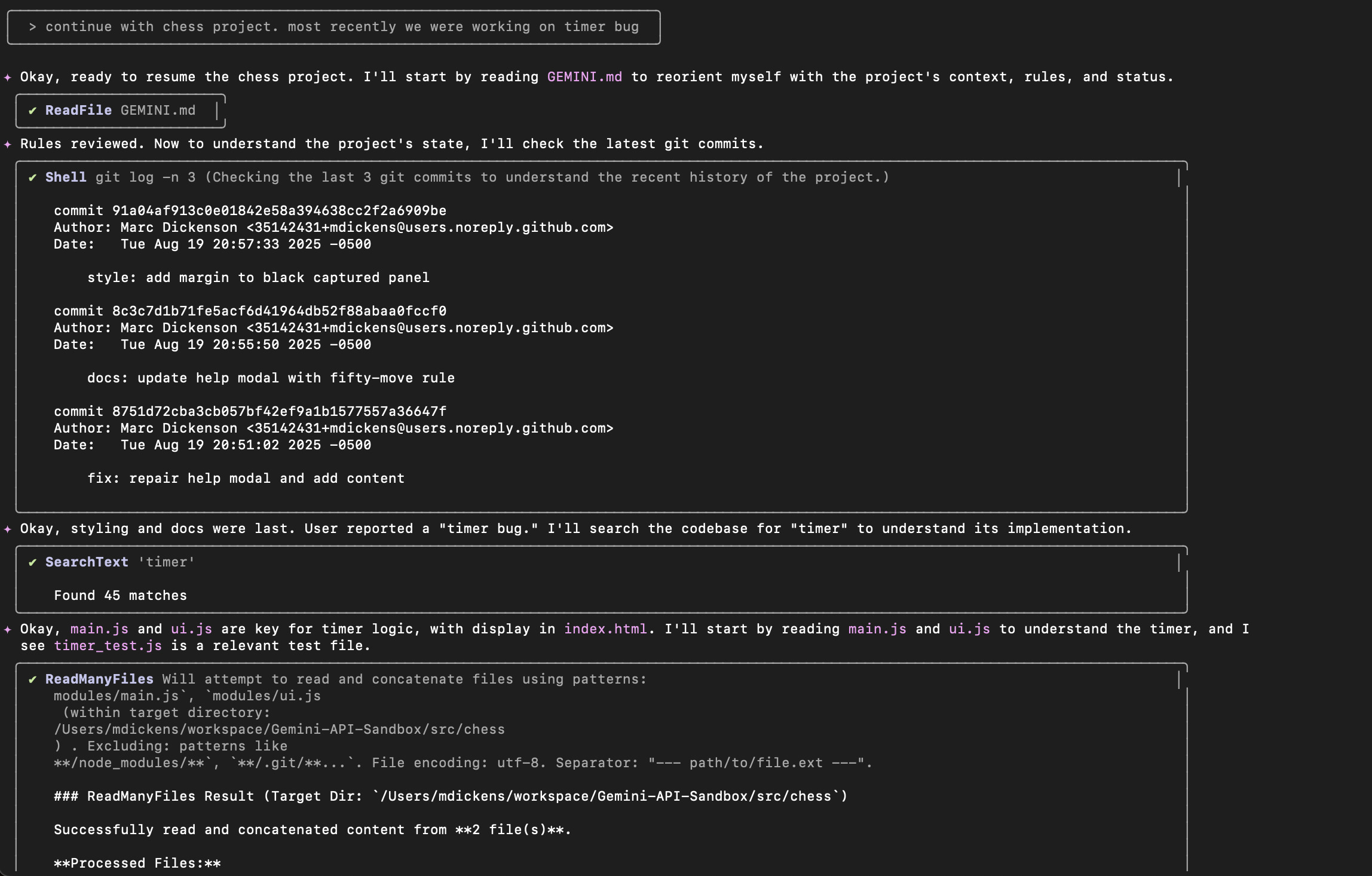 Resuming chess project; debugging timer issue through code analysis. 