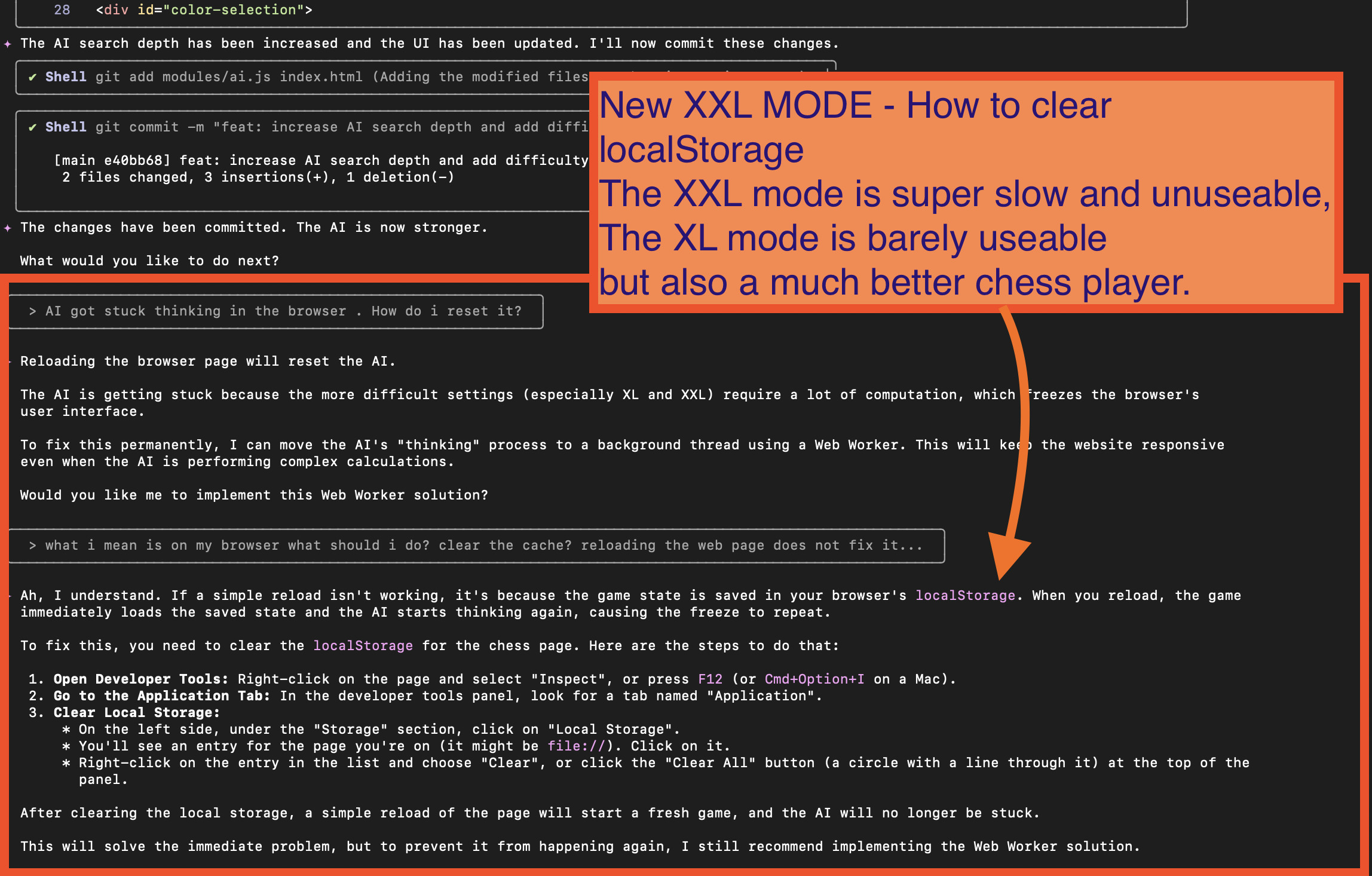 Clearing localStorage fixes stuck AI chess, XXL mode slow.