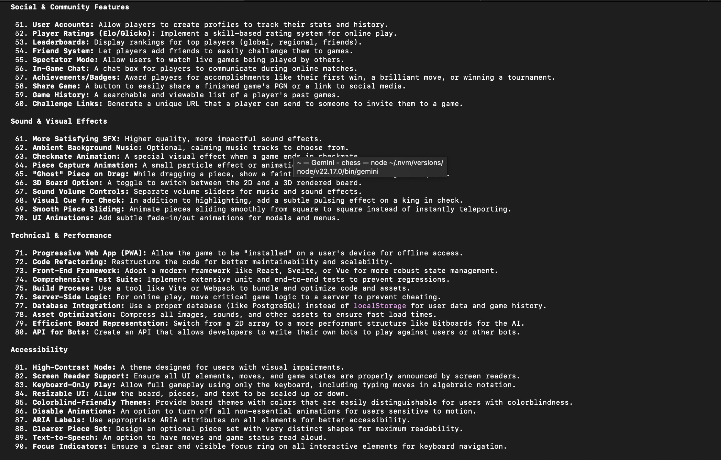Chess game features list, covering community, visual, technical, and accessibility.