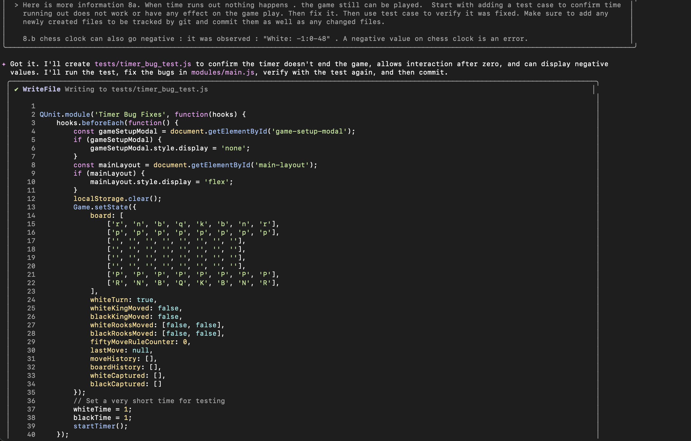 Code snippet showing test cases for a chess game.