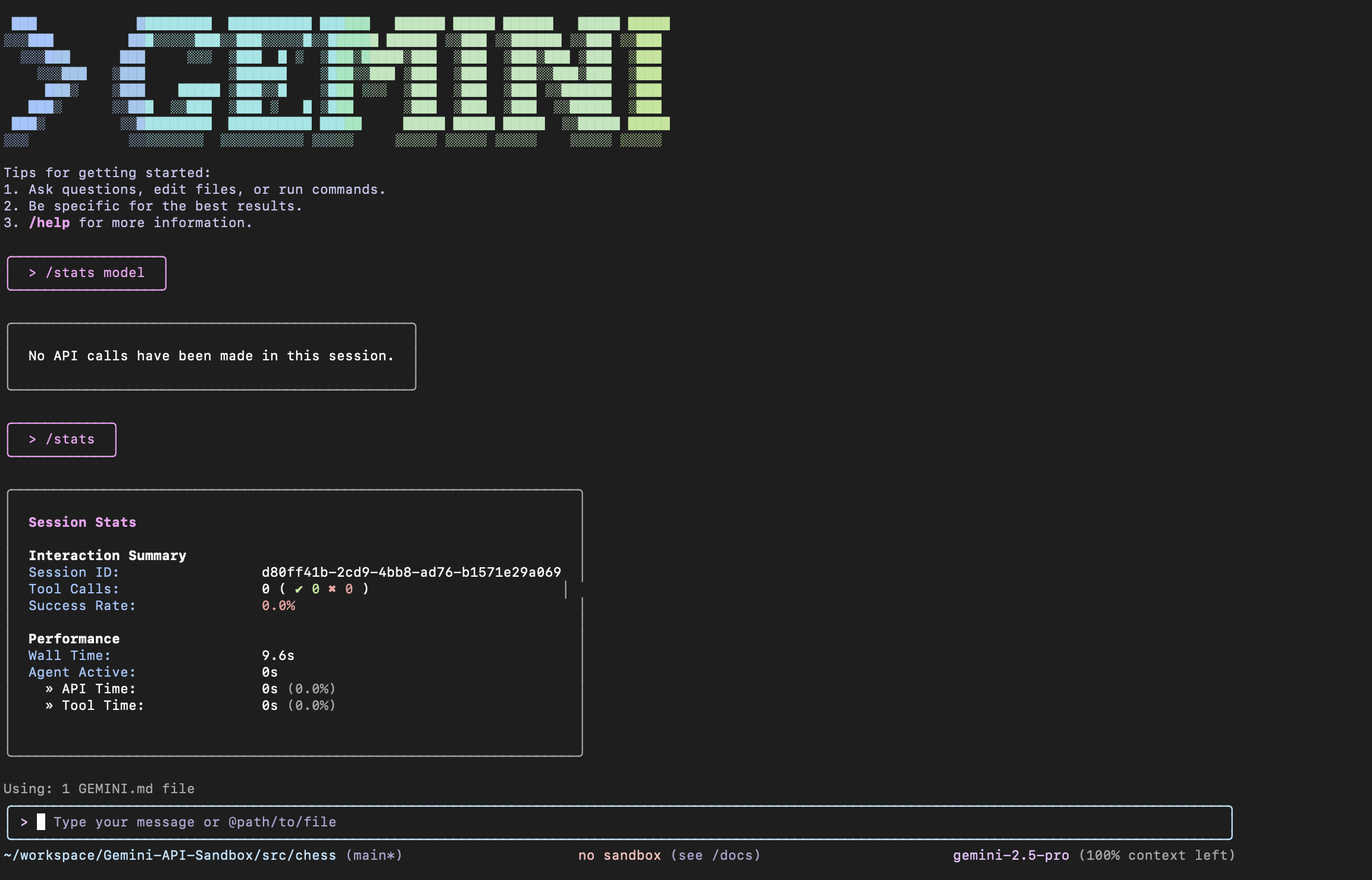 Gemini terminal showing session statistics and usage information. 