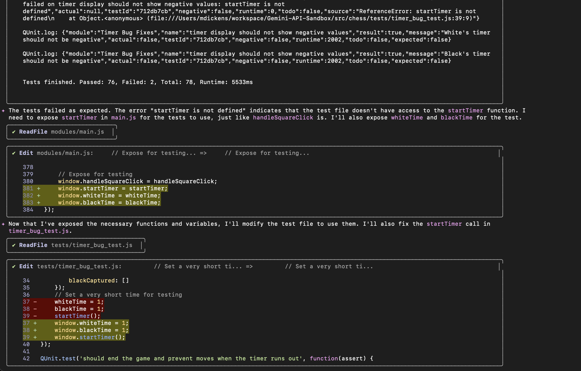 Exposing variables and functions, then fixing timer call in tests.