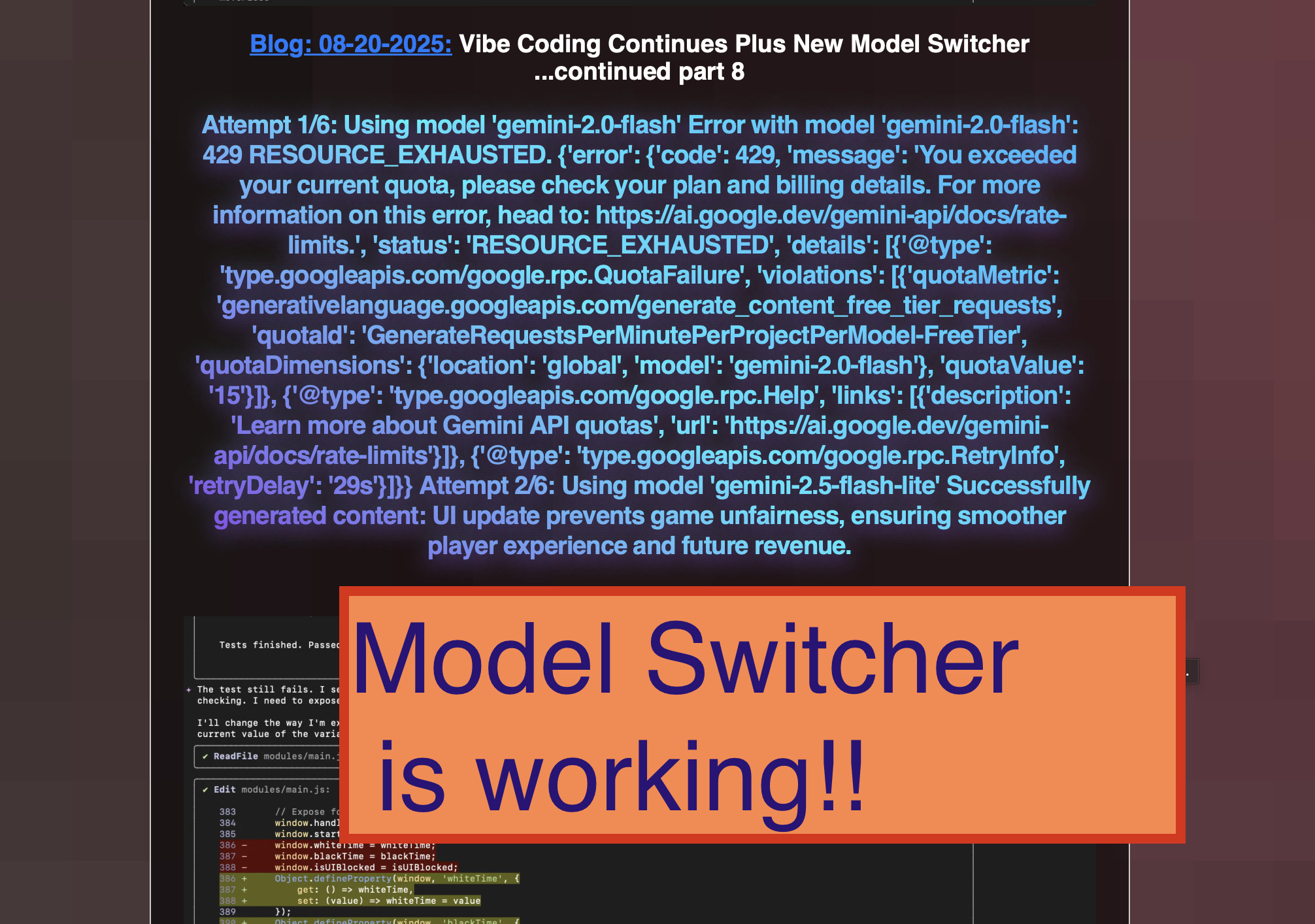 Model switcher works; Gemini rate limits hit. Awesome!