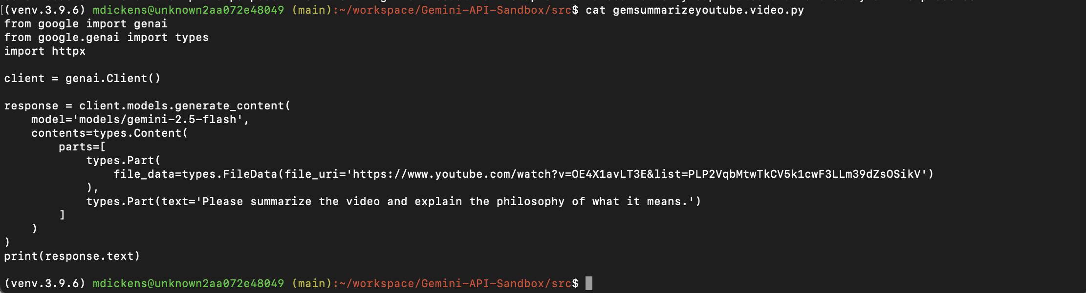 Python script to summarize YouTube video using Gemini AI.