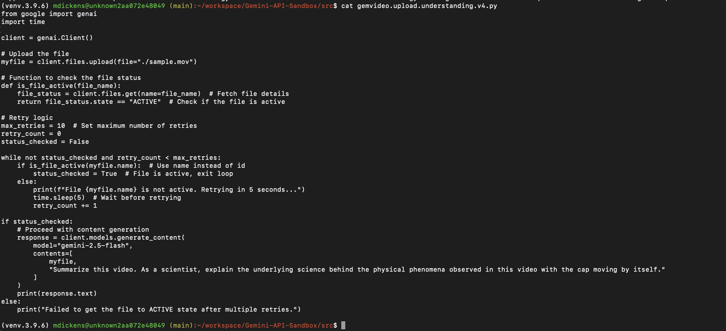 Python script for Gemini API video understanding.