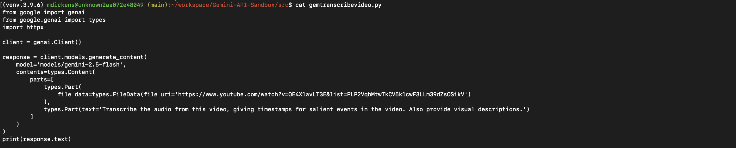 Gemini API script to transcribe YouTube video with timestamps.