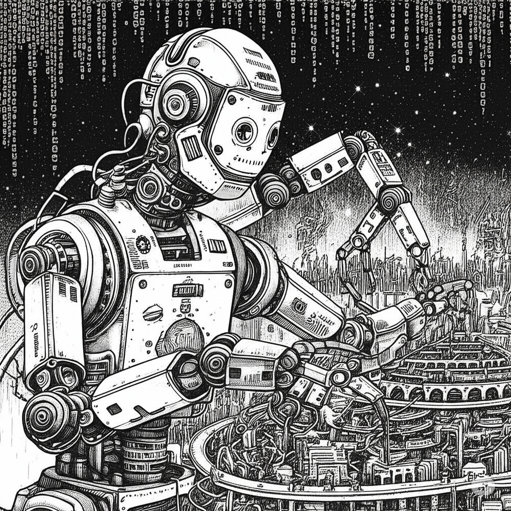 Robot contemplates a complex cityscape under binary code.