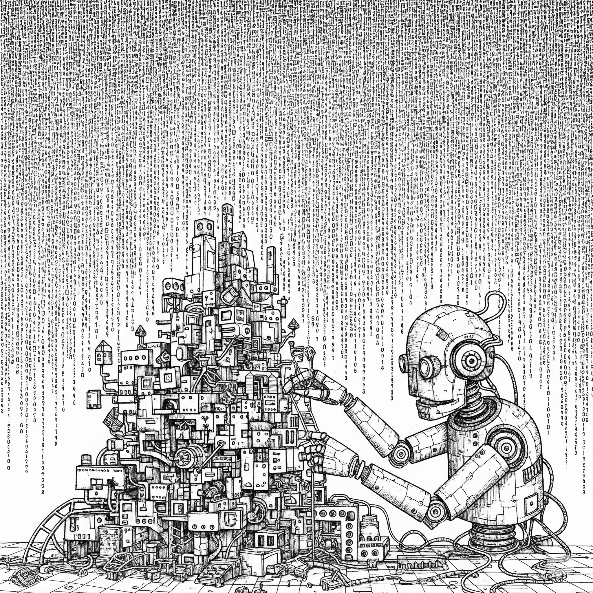 Robot tinkers with the digital city, code rains down.