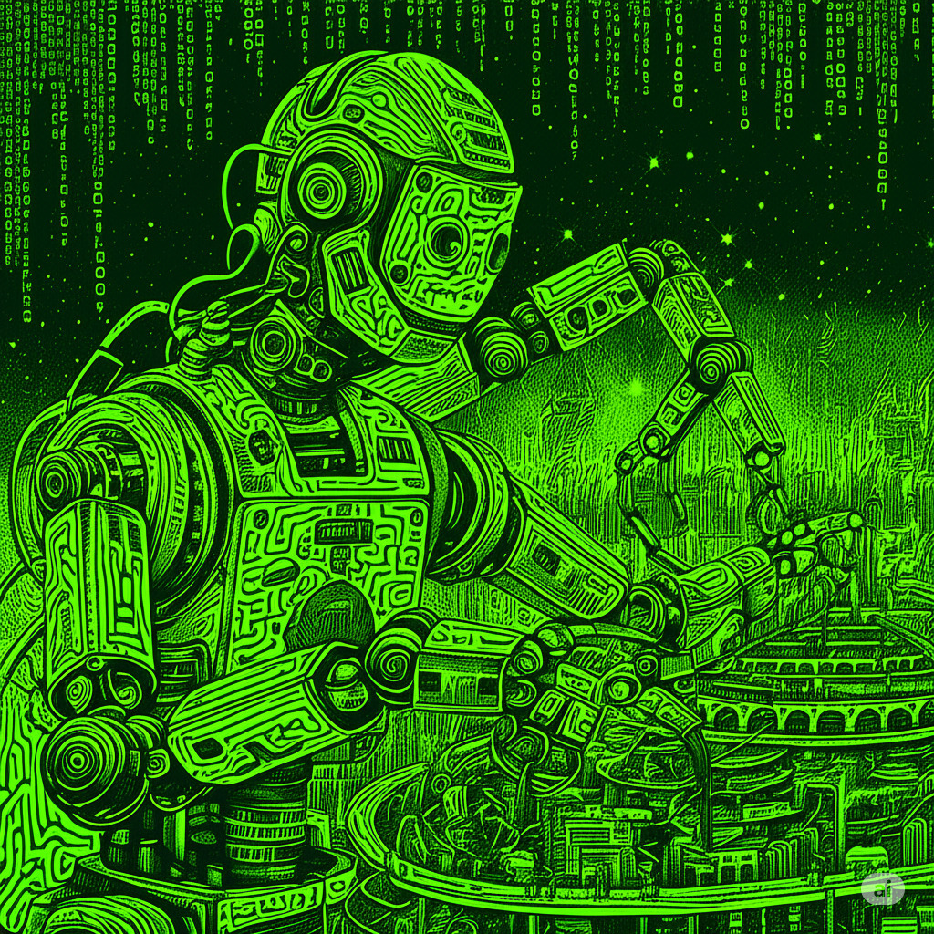 Circuitry robot meticulously crafting a futuristic city.