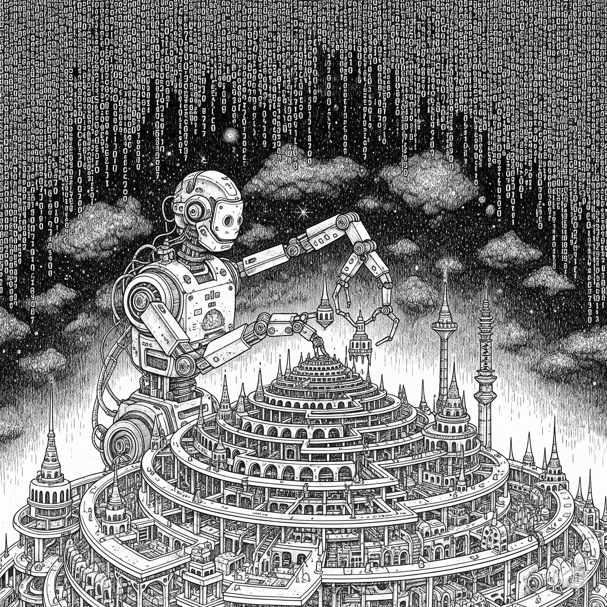 Robot architect re-builds civilization under binary code.