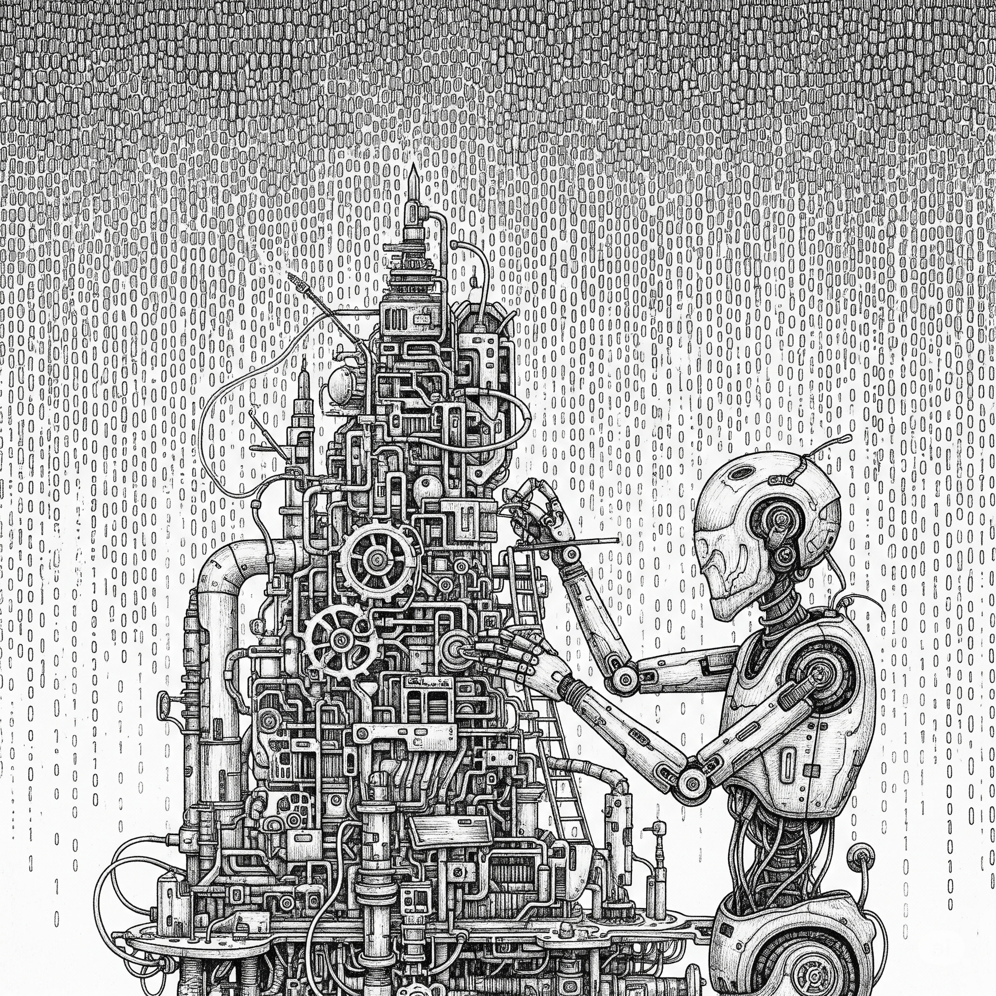 Robot meticulously maintains complex machine amidst binary code.