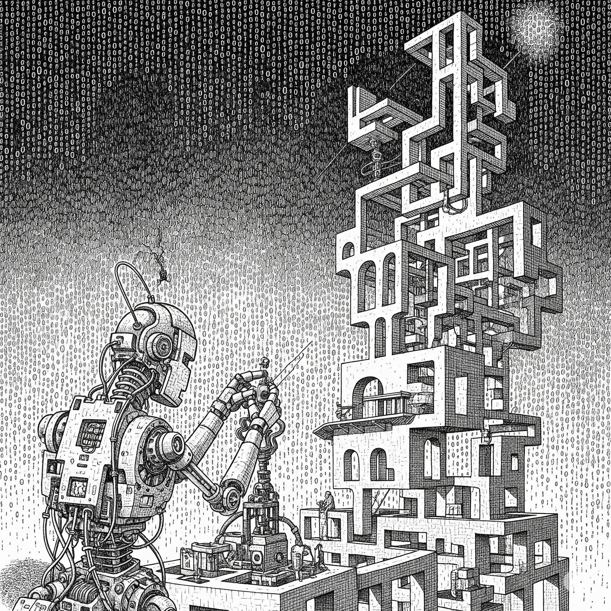 Robot architect shapes the digital world's surreal cityscape.