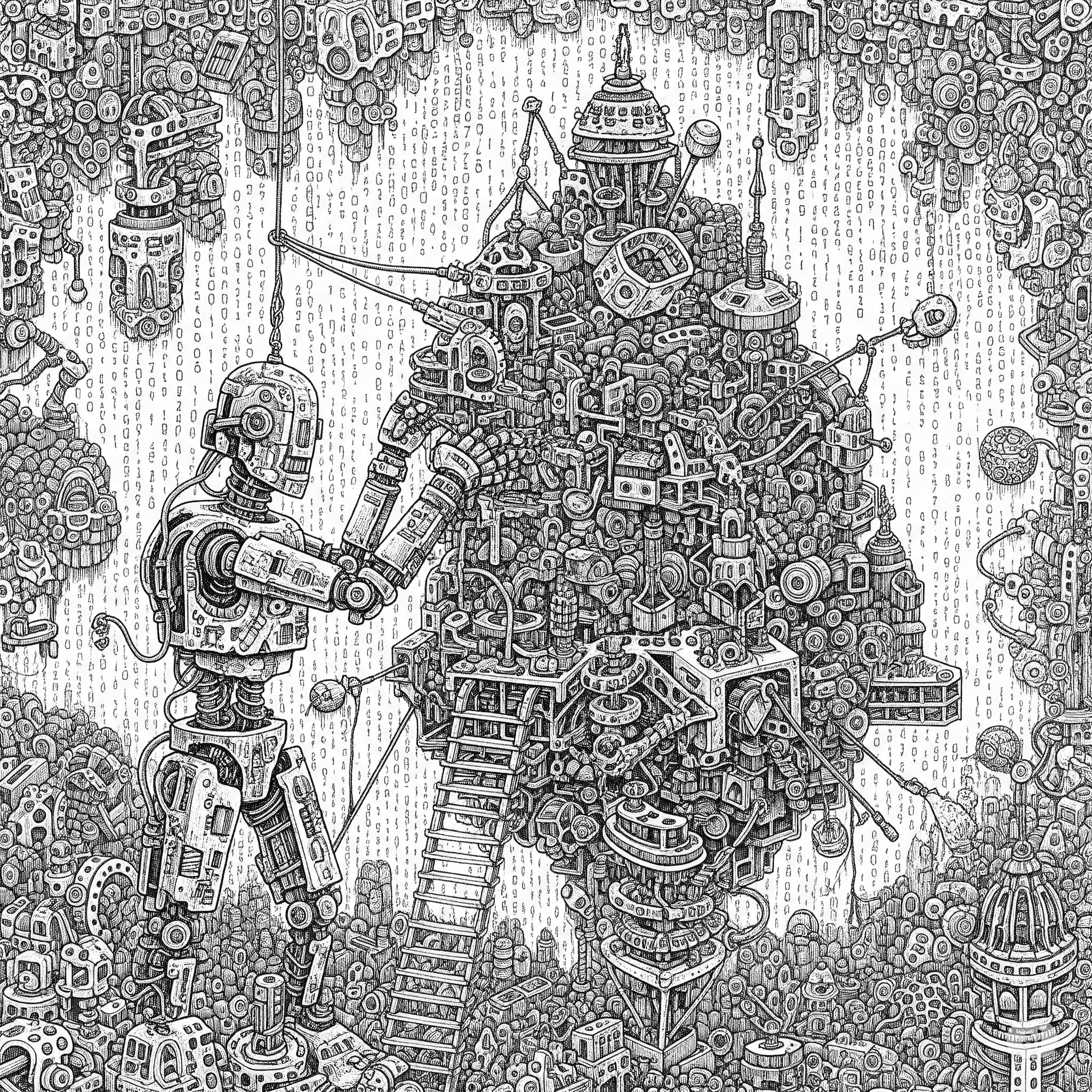 A robot encounters a mysterious, chaotic machine city.