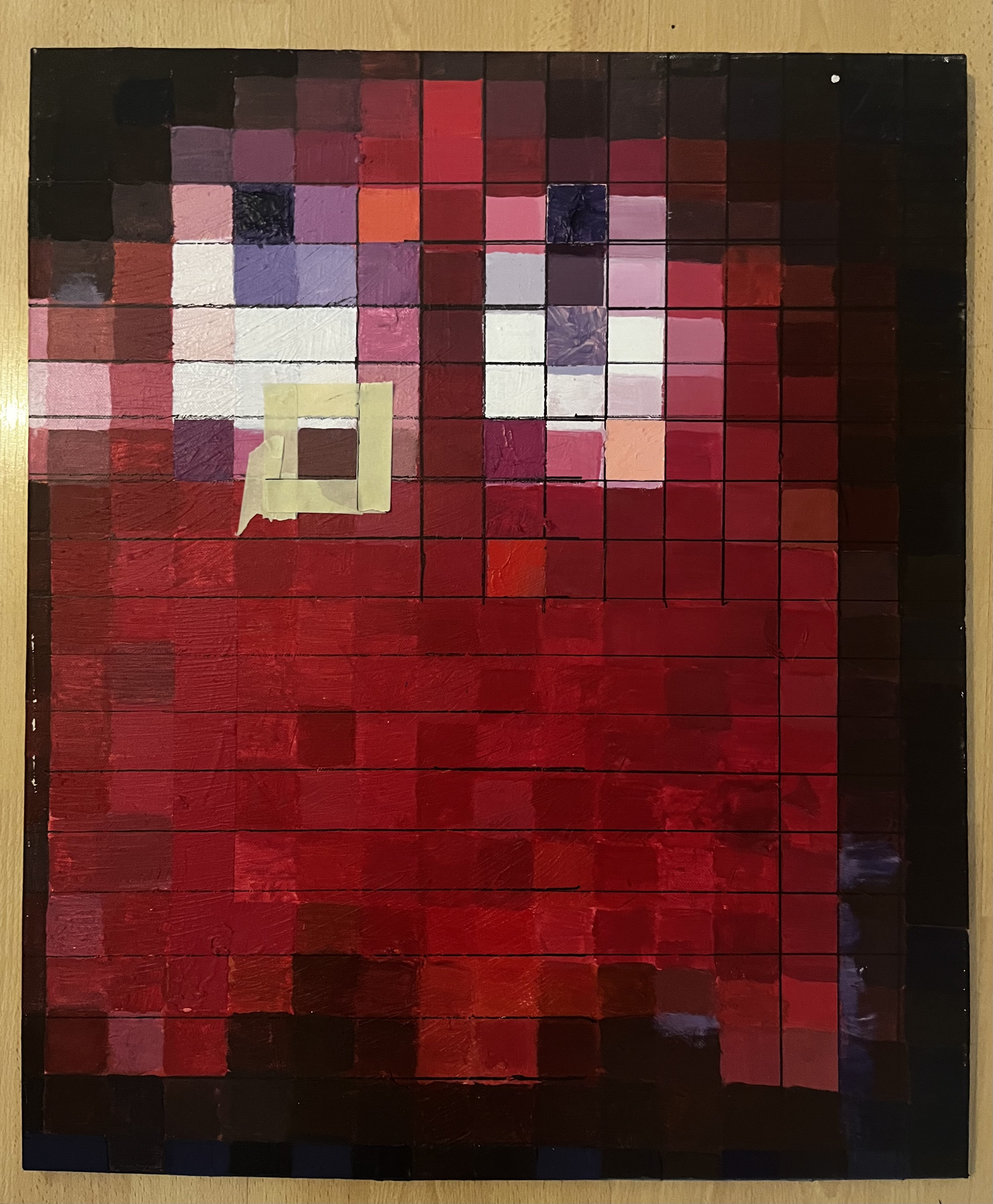A pixelated red figure with tape on its eye.