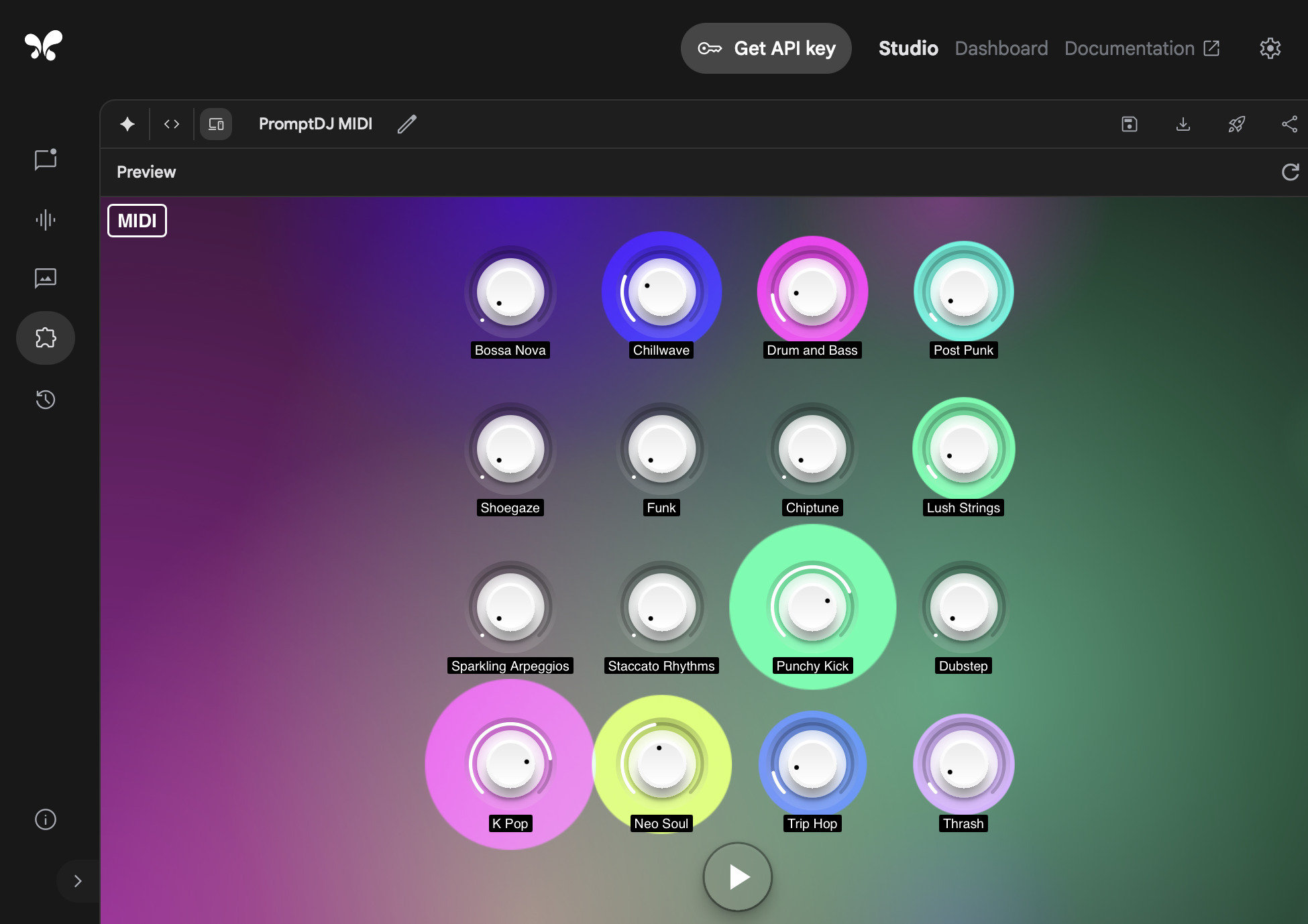 Music creation interface for PromptDJ, featuring MIDI controls.