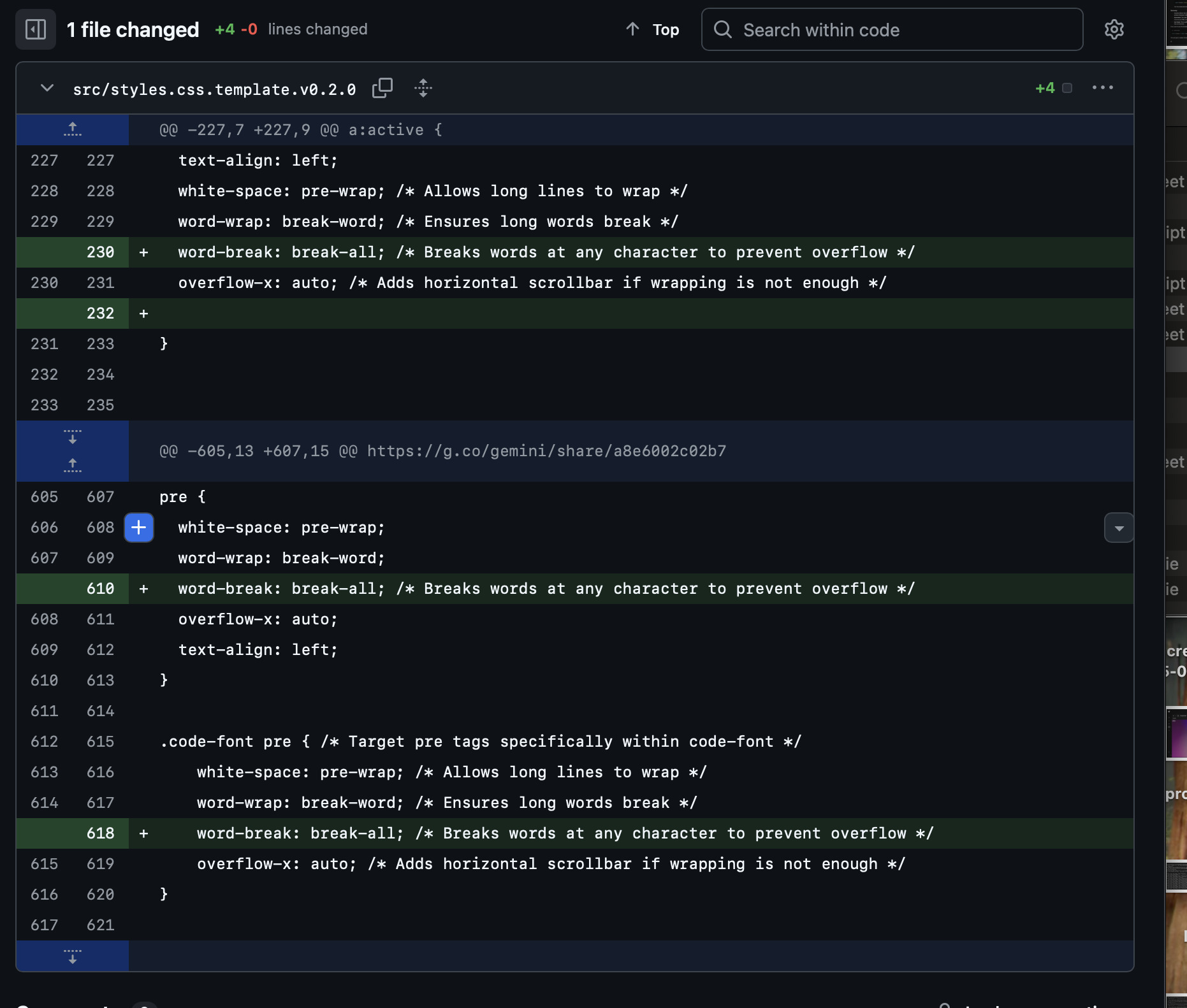 Code diff showing CSS updates for word wrapping.