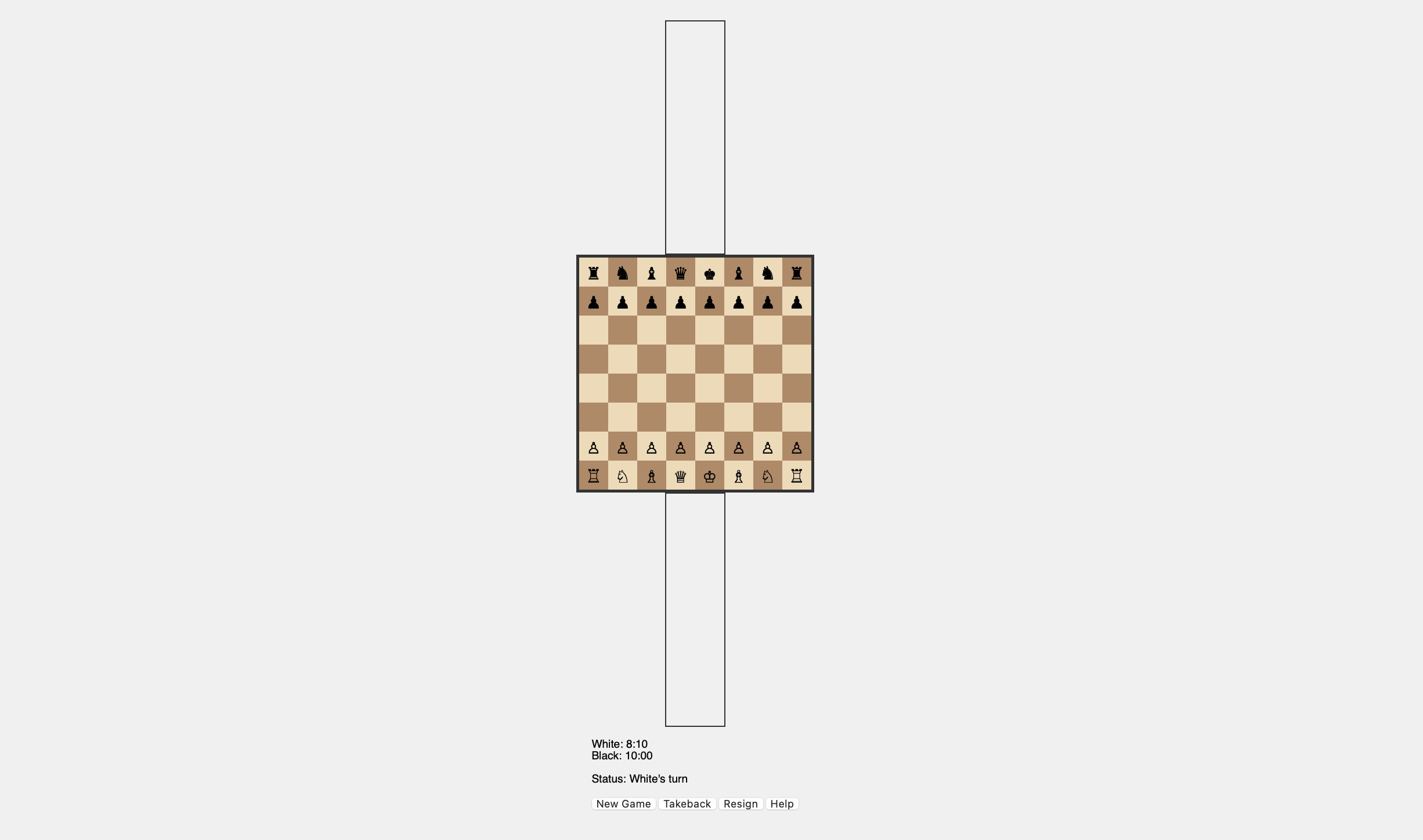 A chessboard shows white's turn with the game options below.