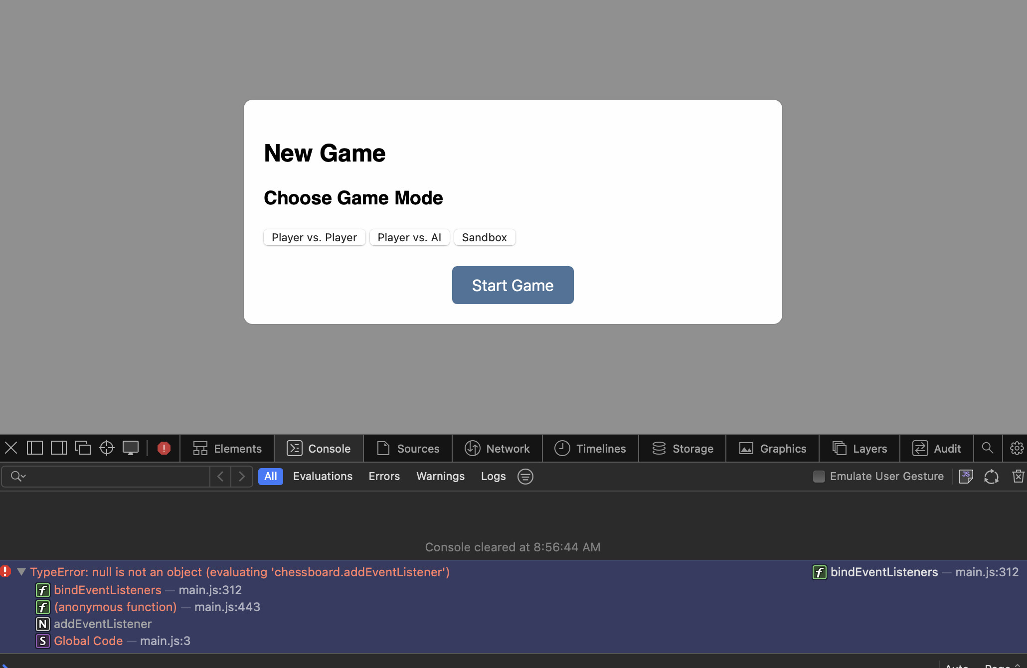 JavaScript error: `chessboard` is null, fix main.js.